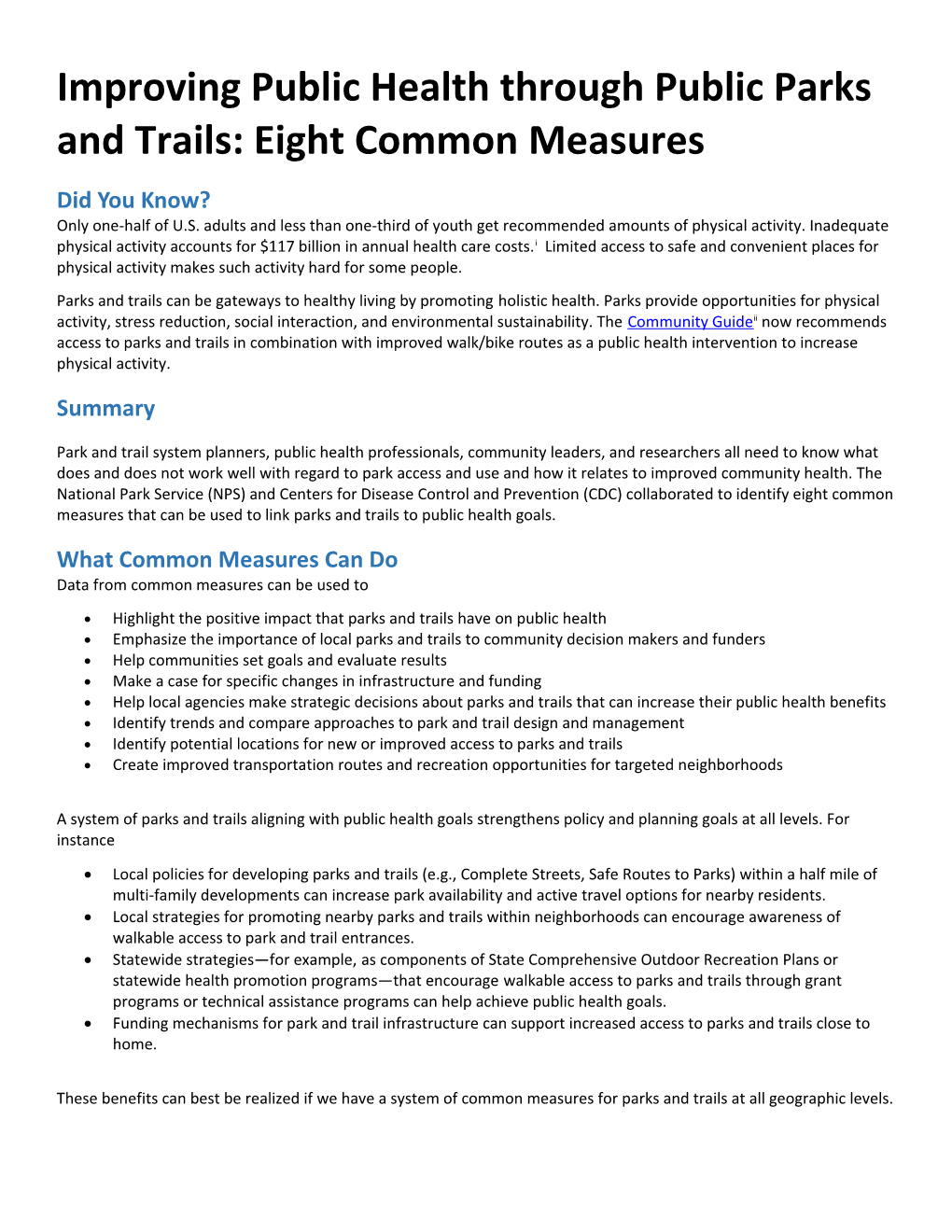 Improving Public Health Through Public Parks and Trails: Eight Common Measures