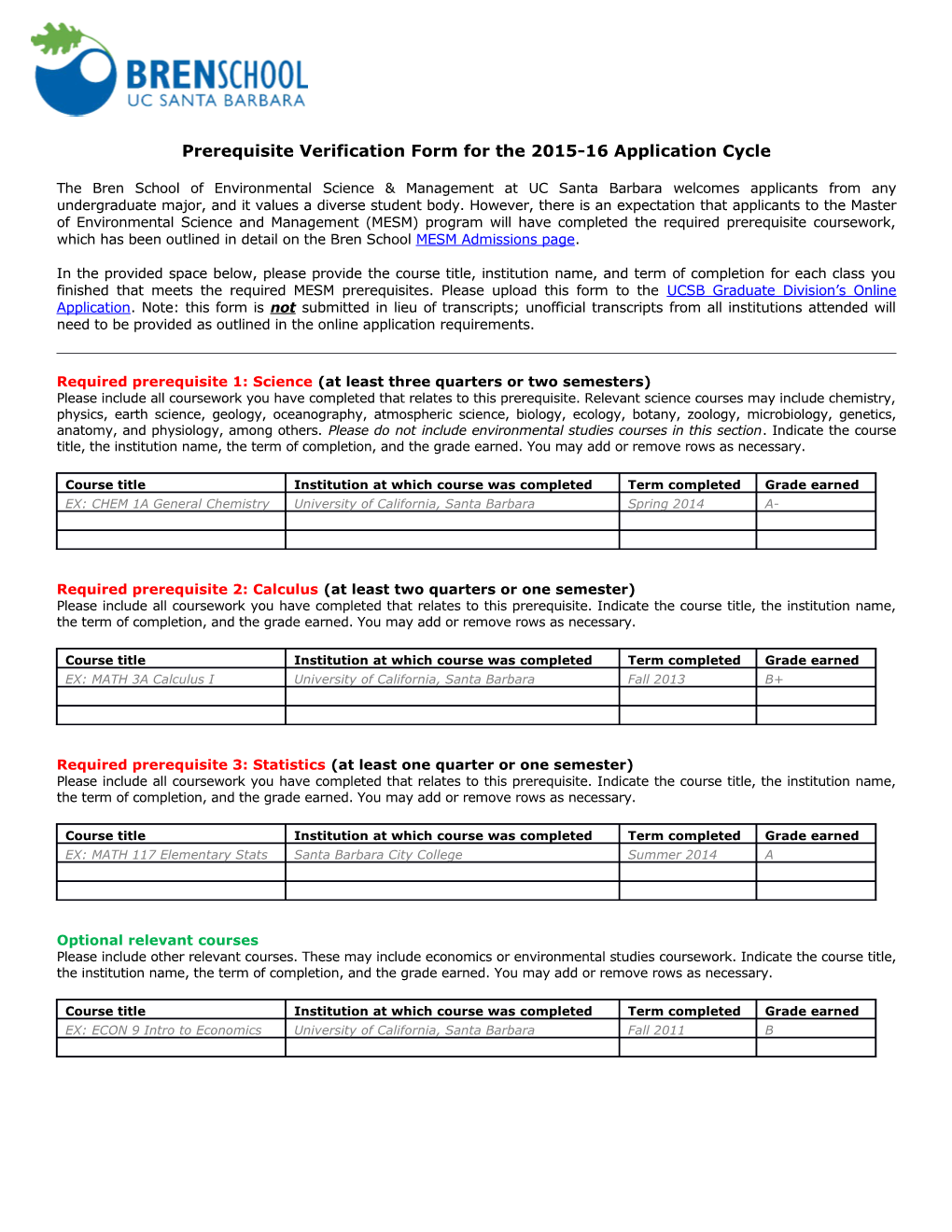 Prerequisite Verification Form for the 2015-16 Application Cycle