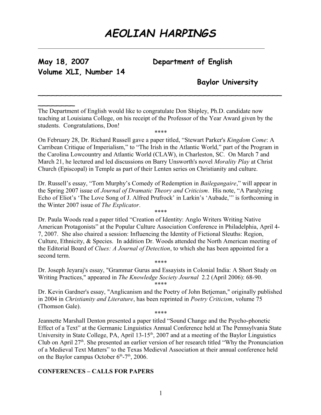 May 18, 2007 Department of English Volume XLI, Number 14