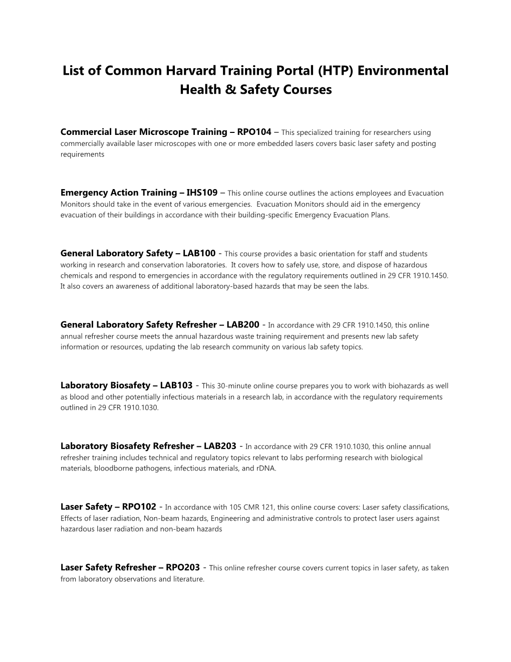 List of Common Harvard Training Portal (HTP) Environmental Health & Safety Courses