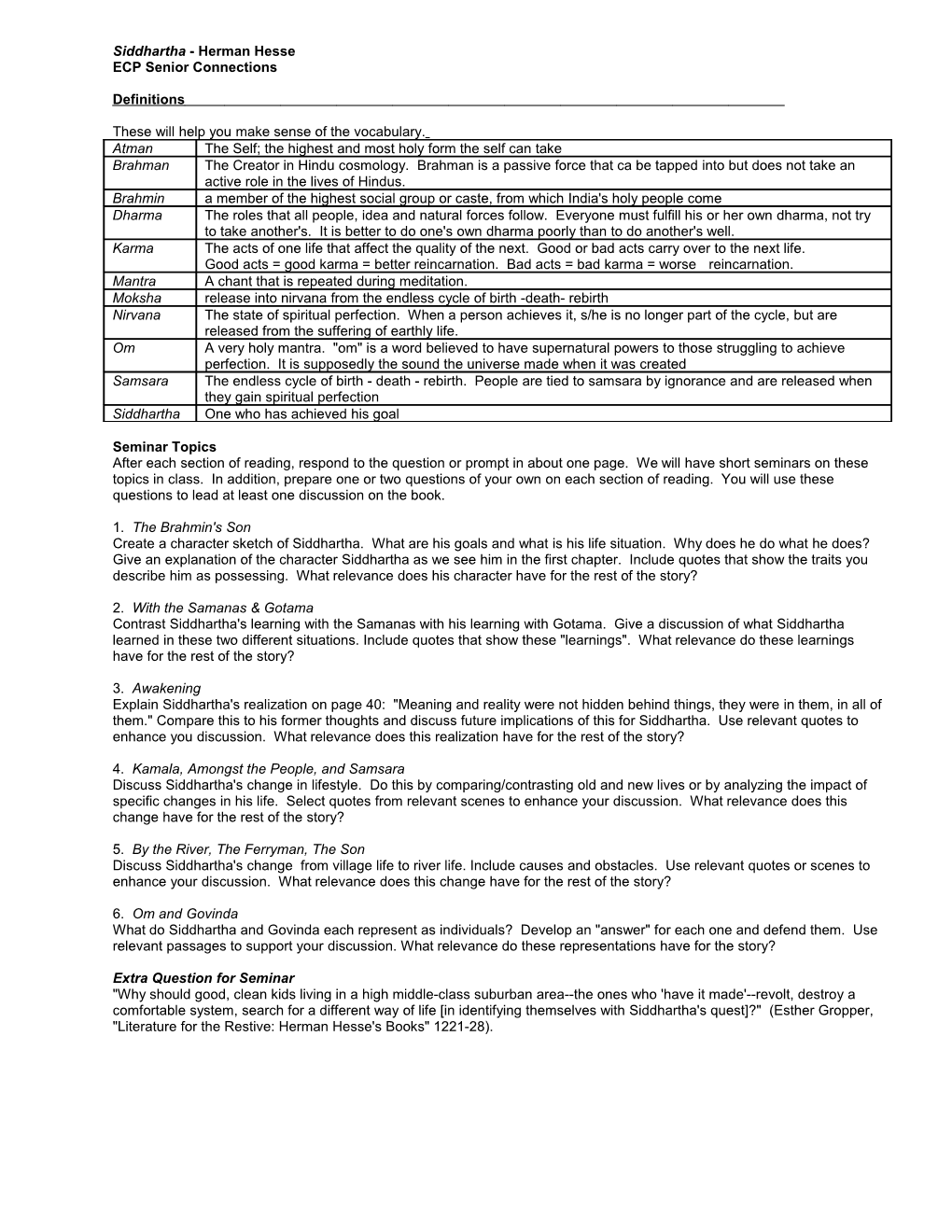 Siddhartha Seminar and Reading Logs