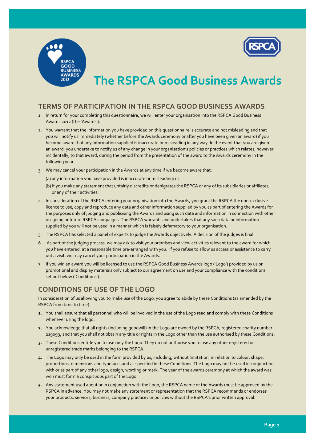 Terms of Participation in the Rspca Good Business Awards