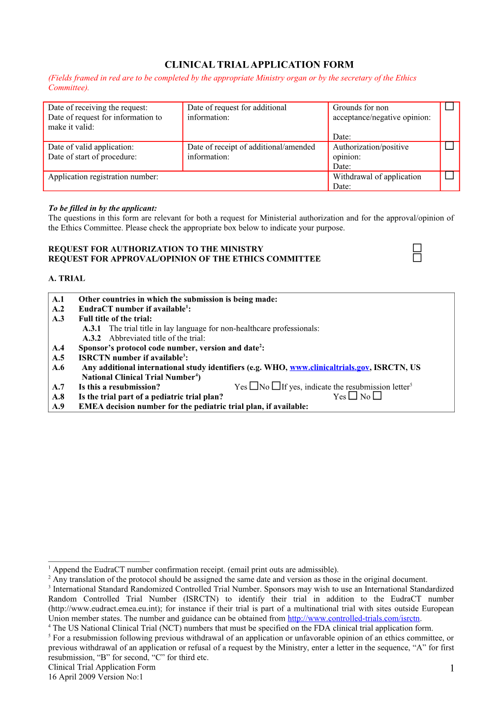 Clinical Trial Application Form