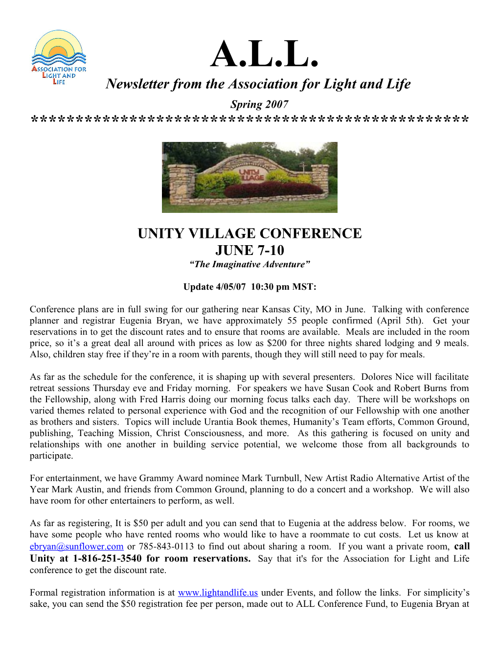 Newsletter from the Association for Light and Life