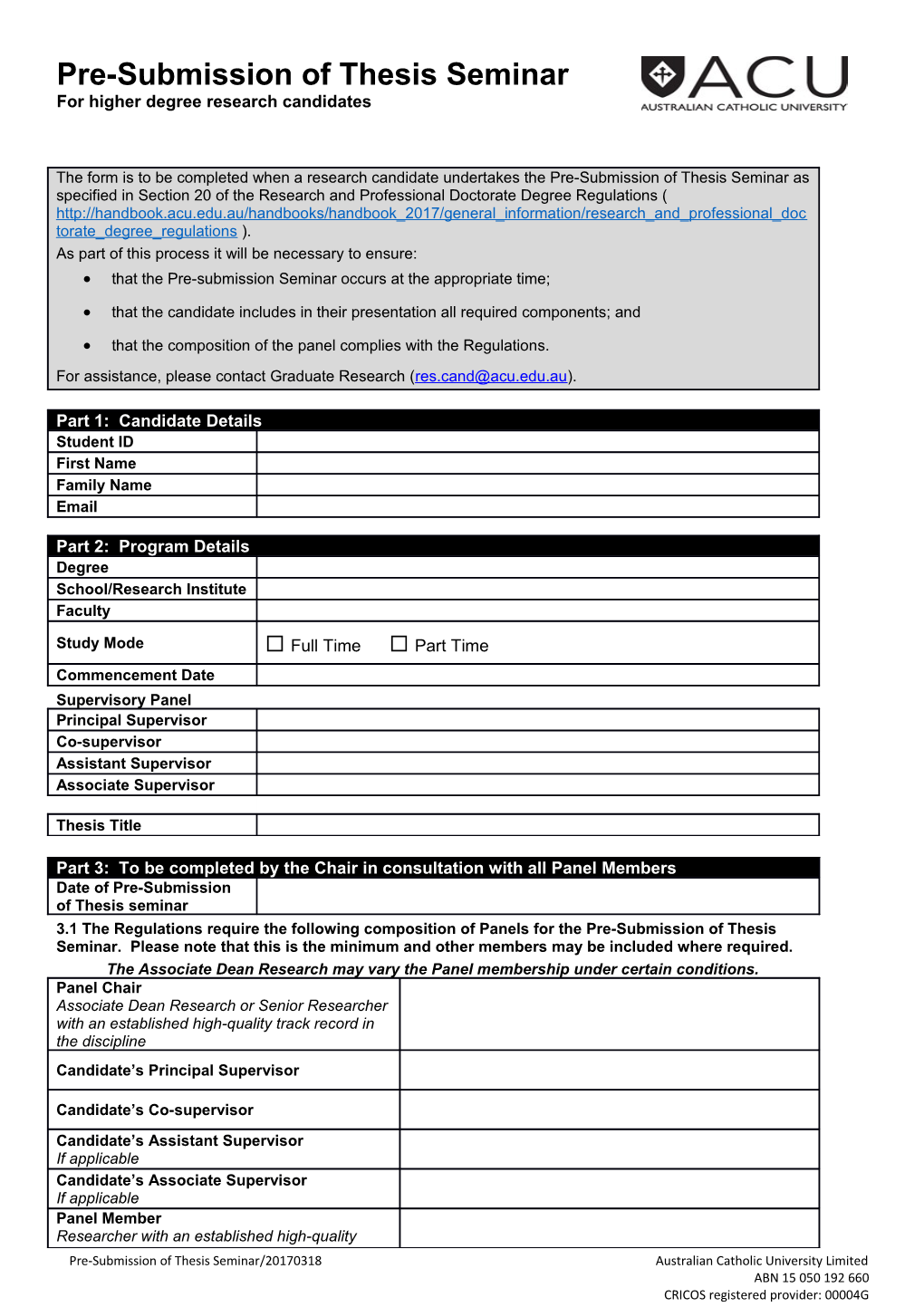 Pre-Submission of Thesis Seminar/20170318Australian Catholic University Limited