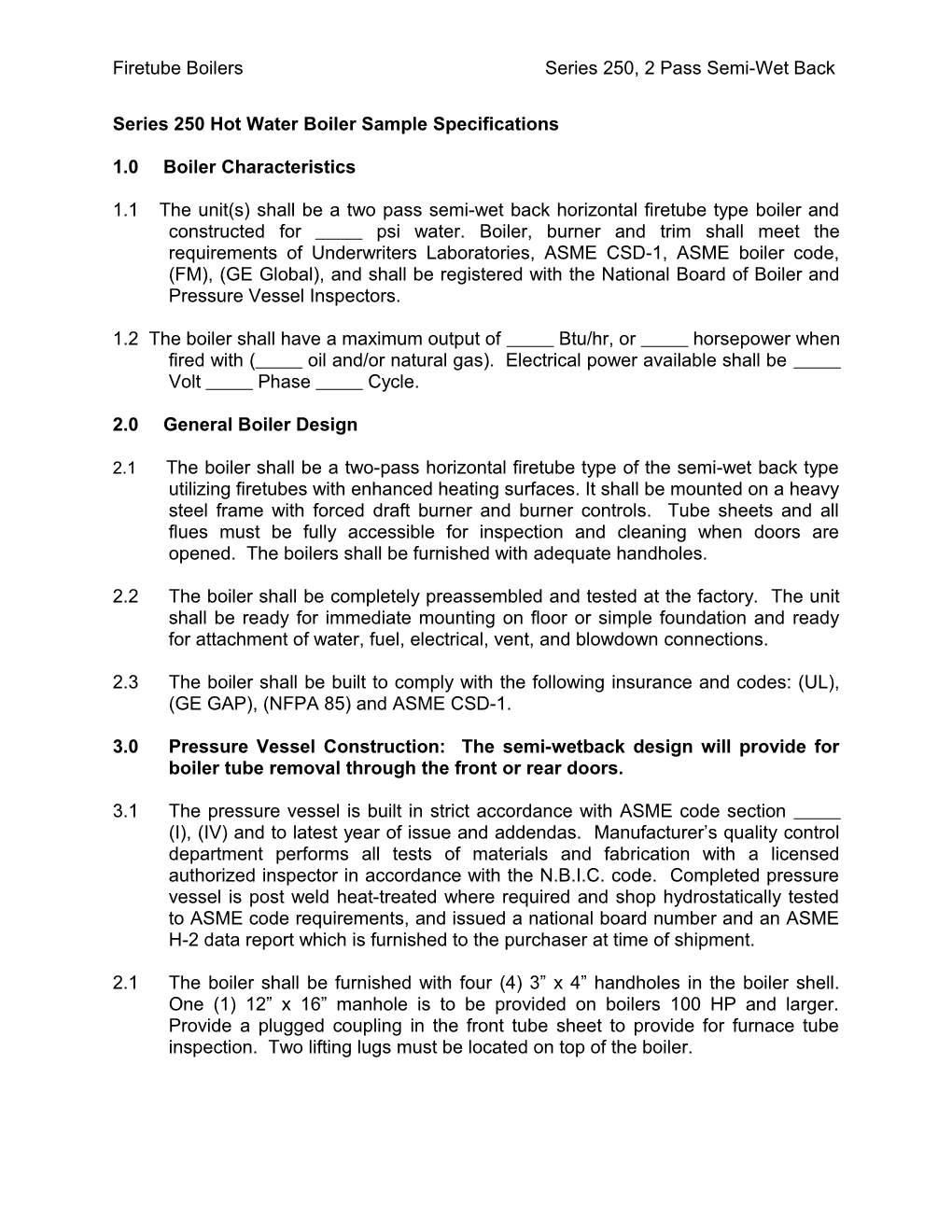 Series 250 Hot Water Boiler Sample Specifications