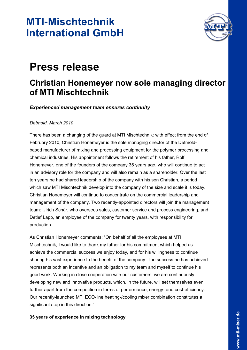 Christian Honemeyer Now Sole Managing Director of MTI Mischtechnik
