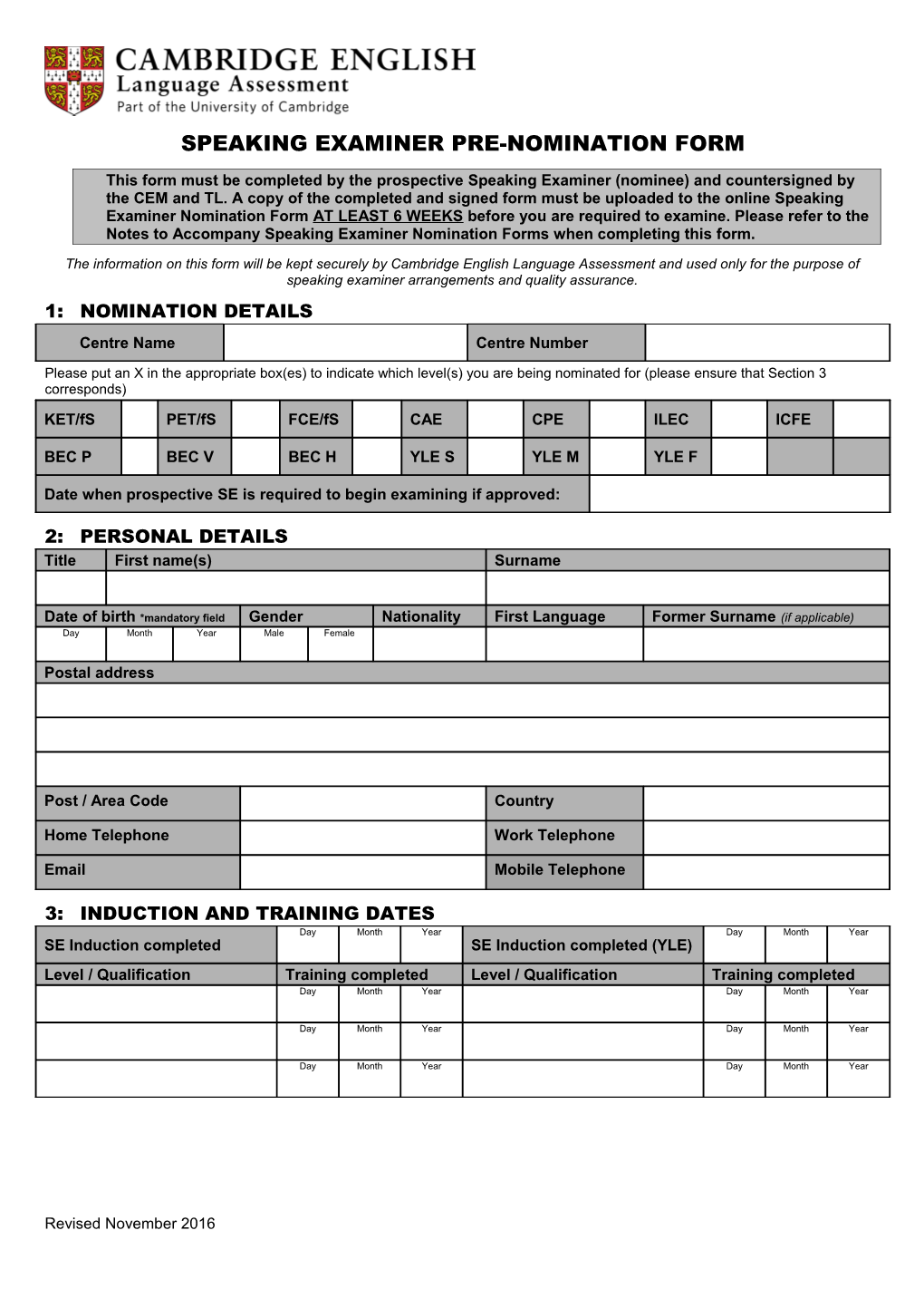 Speaking Examiner Pre-Nomination Form