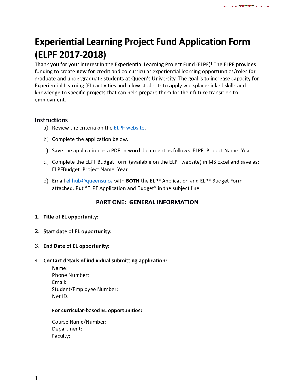 Experiential Learning Project Fund Application Form (ELPF 2017-2018)
