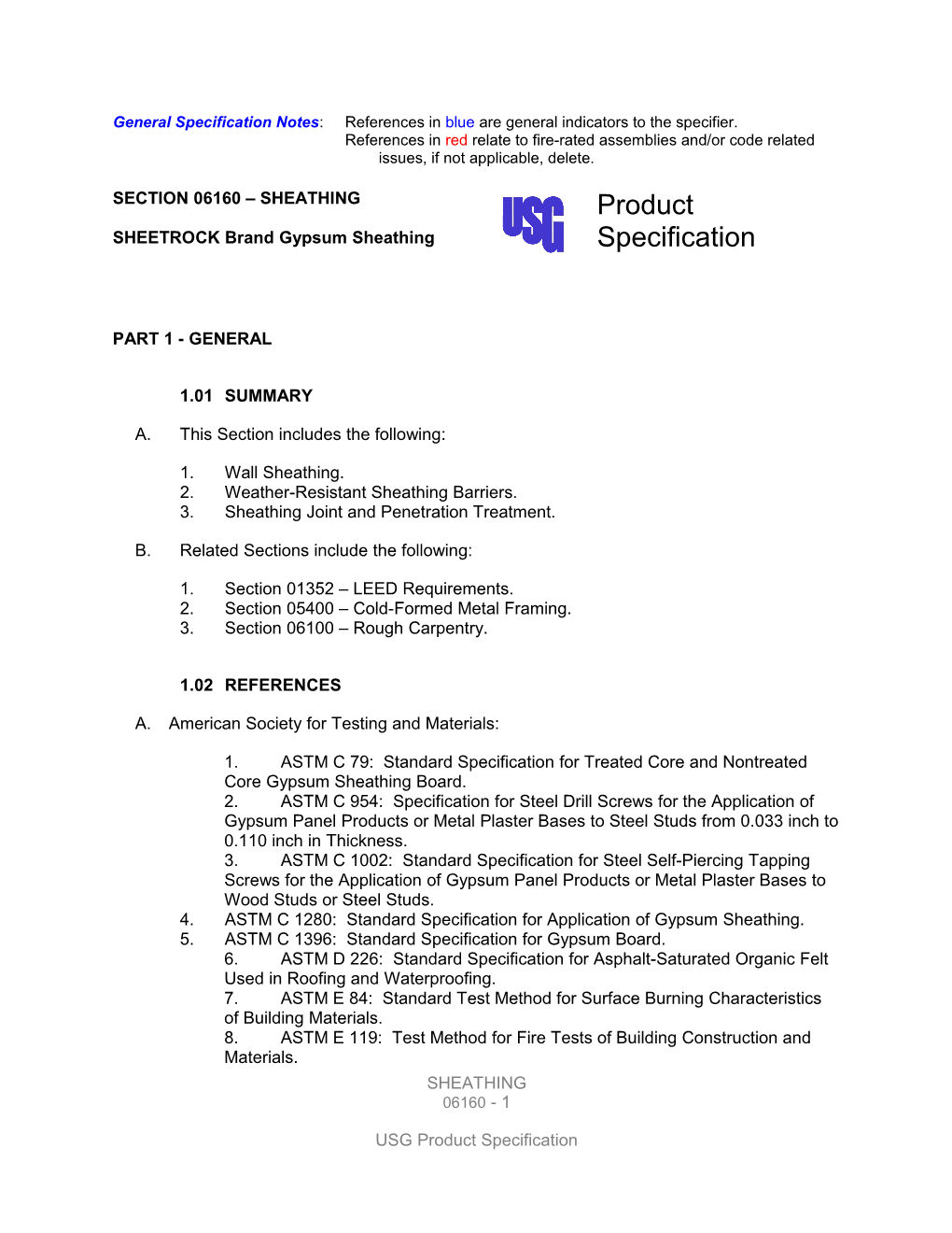 SHEETROCK Brand Gypsum Sheathing Architectural Spec - 06160