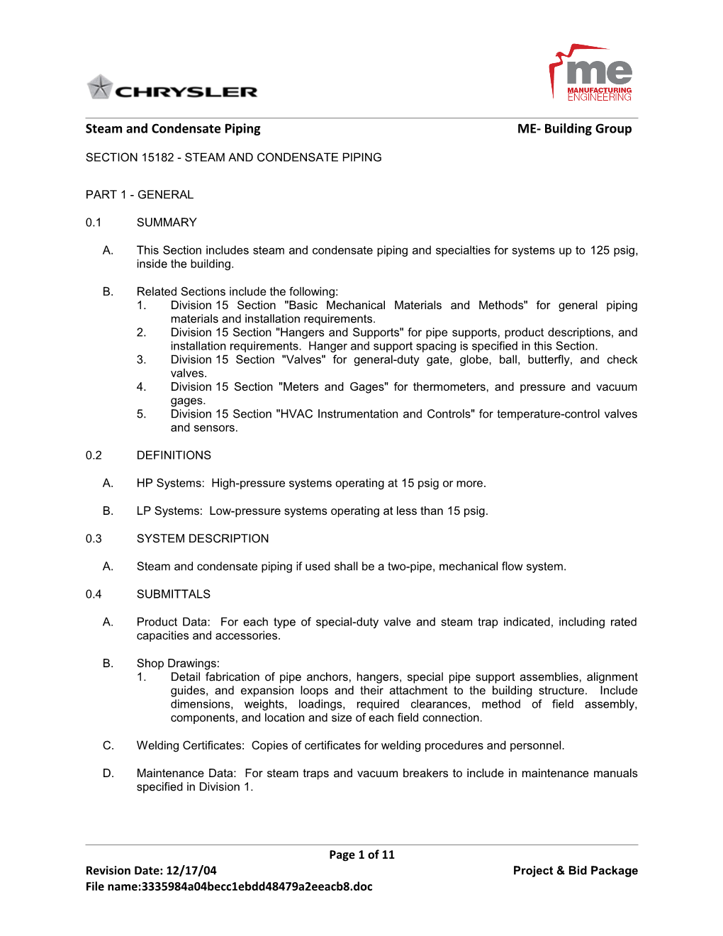 Steam and Condensate Piping ME- Building Group