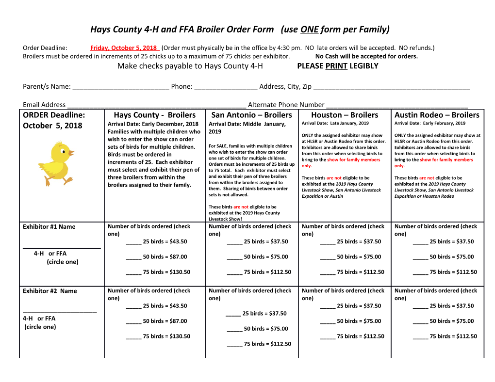 Hays County 4-H and FFA Broiler Order Form (Use ONE Form Per Family)