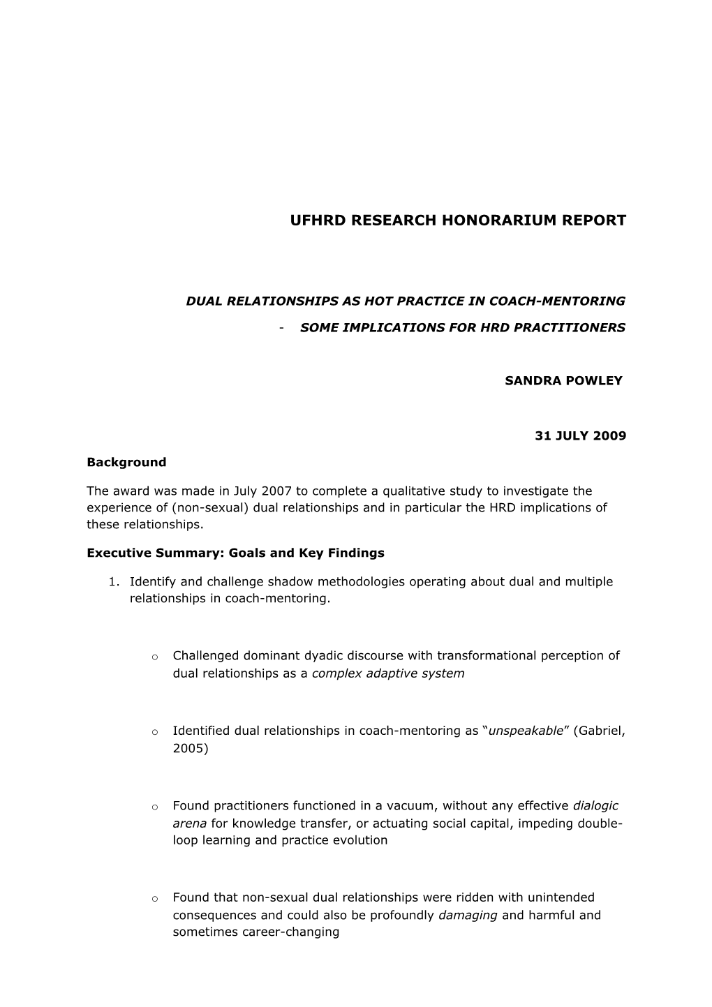 Ufhrd Research Honorarium Report