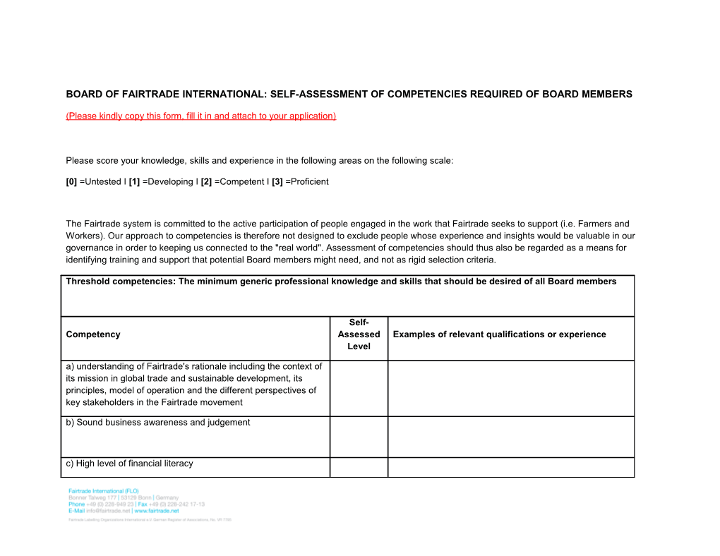 Board Offairtradeinternational:Self-Assessment of Competencies Required of Board Members