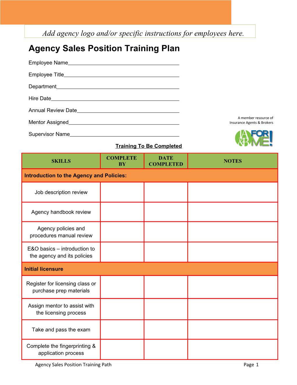 Agency Sales Positiontraining Plan