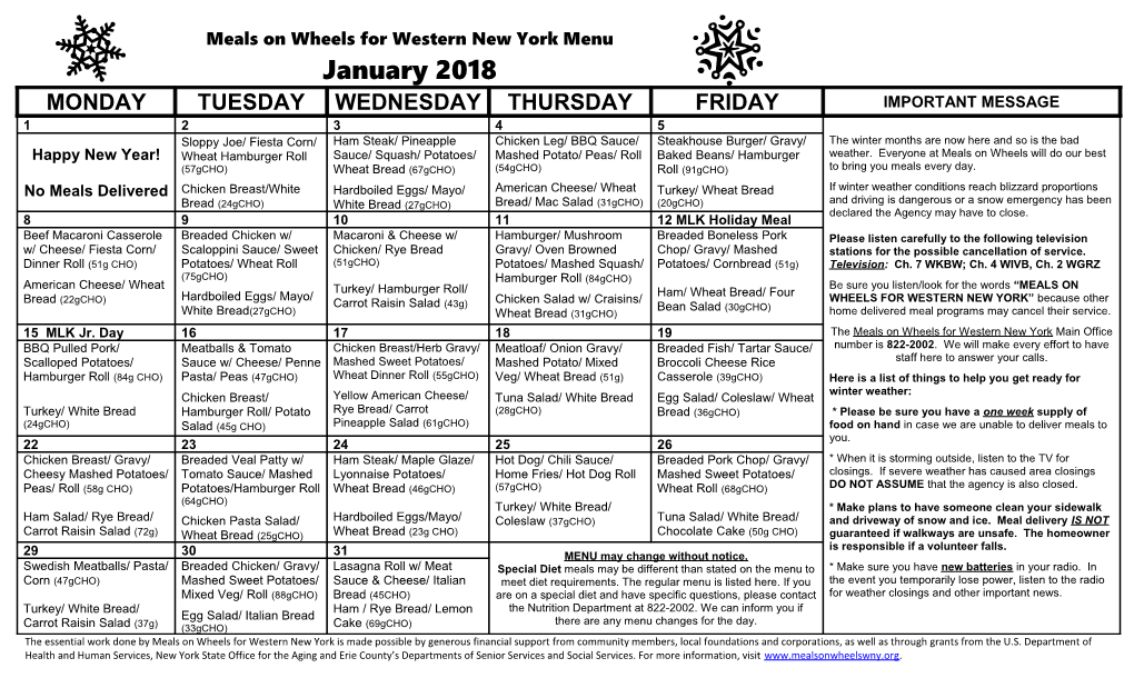 Meals on Wheels for Western New York Menu