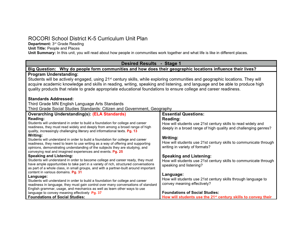 ROCORI School District K-5 Curriculum Unit Plan