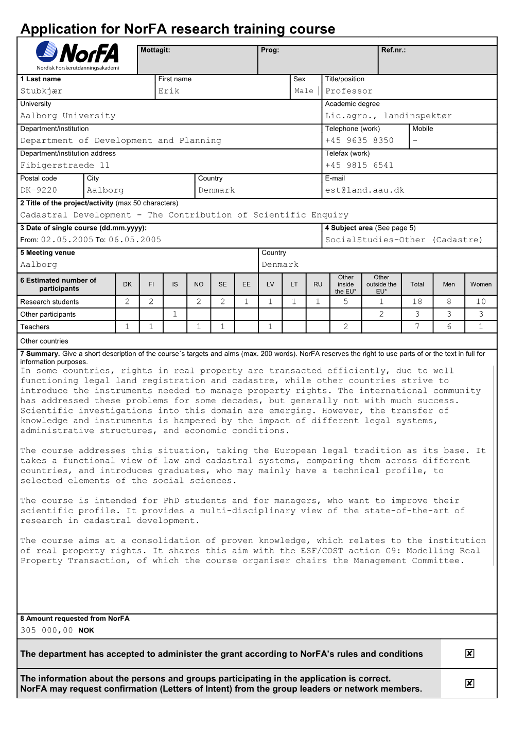 Application for Norfa Research Training Course