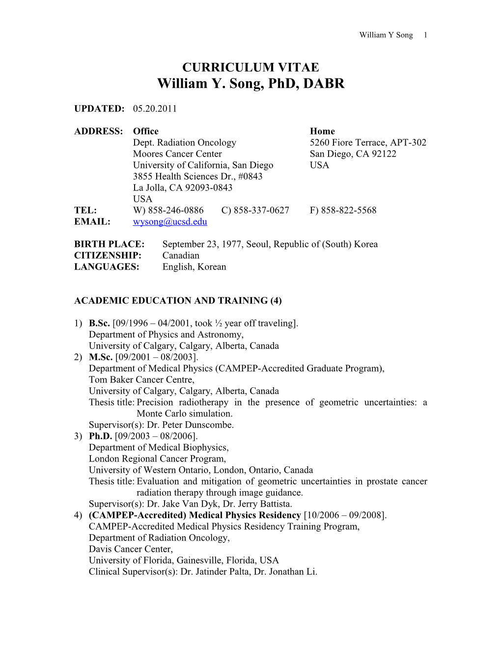 William Y. Song, Phd, DABR