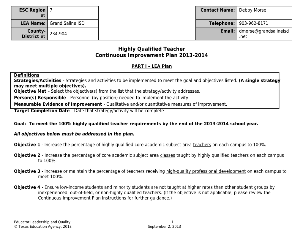 Highly Qualified Teacher Continuous Improvement Plan 2013-2014