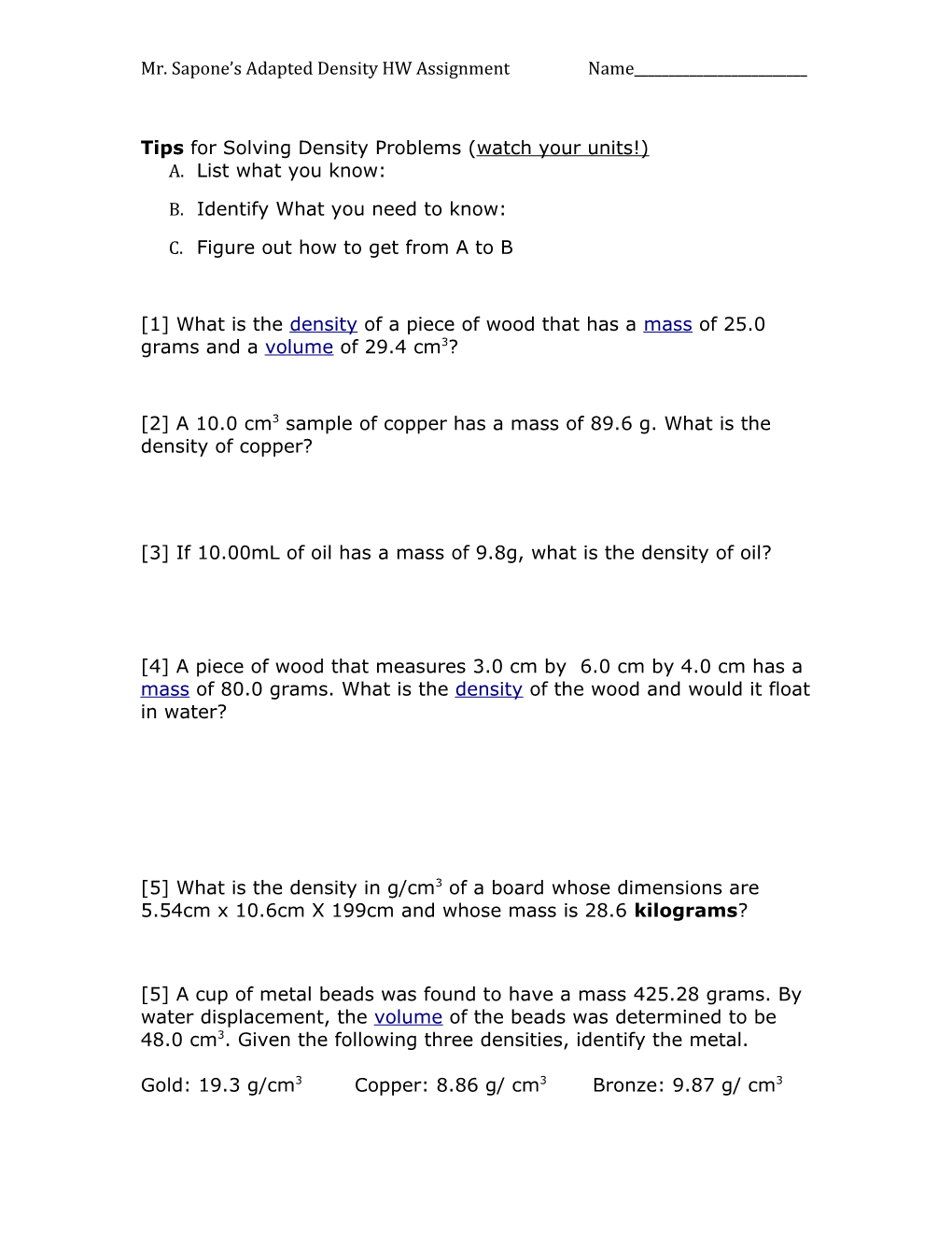 Mr. Sapone Sadapted Density HW Assignment Name______