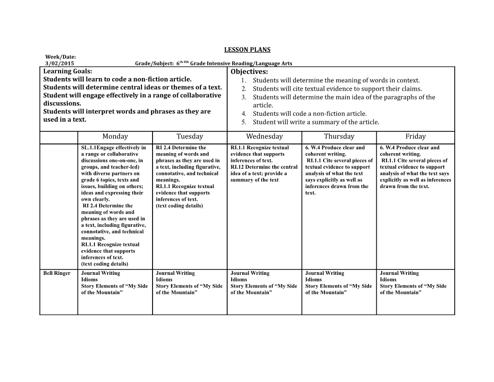 3/02/2015Grade/Subject: 6Th-8Th Grade Intensive Reading/Language Arts