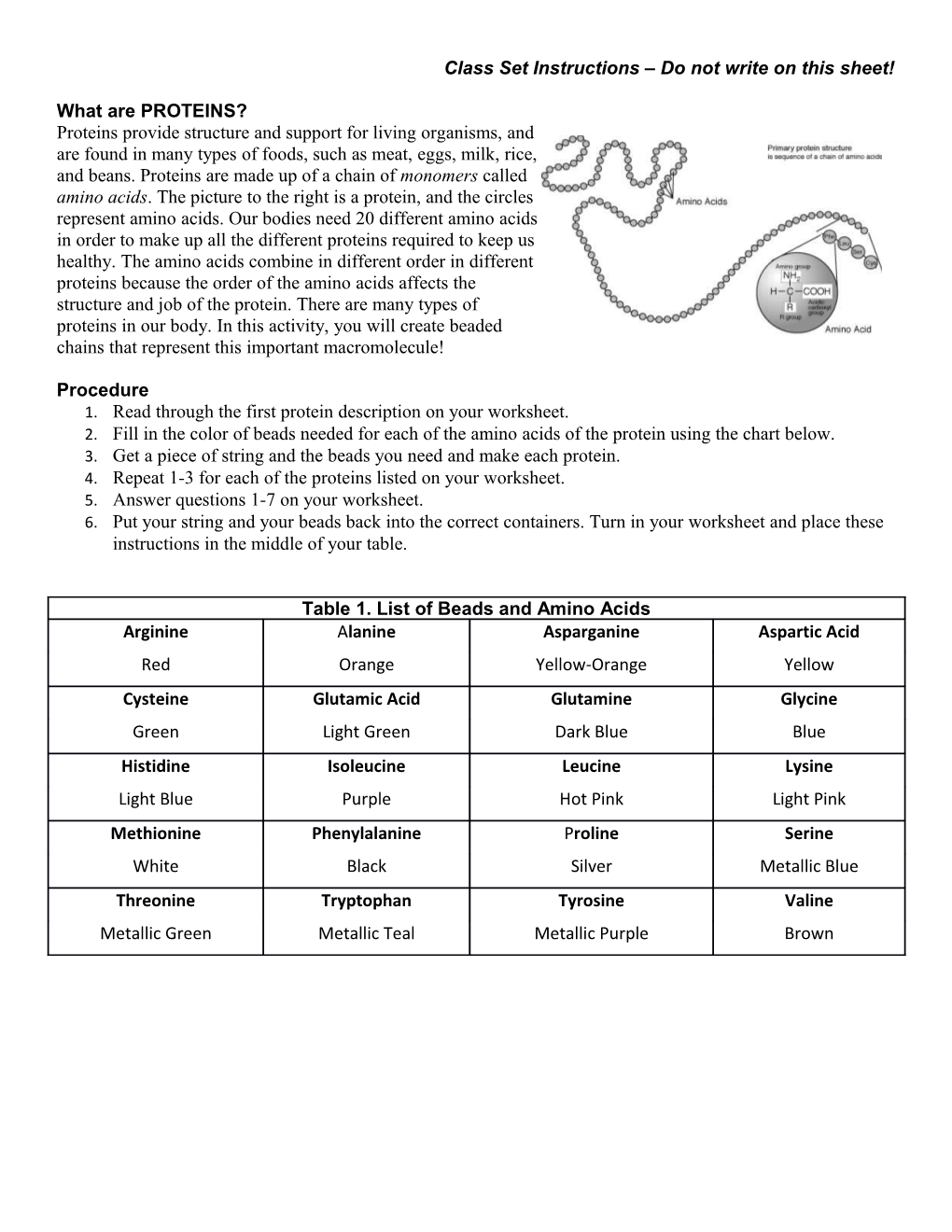 Class Set Instructions Do Not Write on This Sheet!