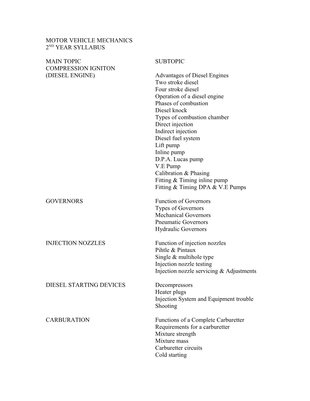 Motor Vehicle Mechanics