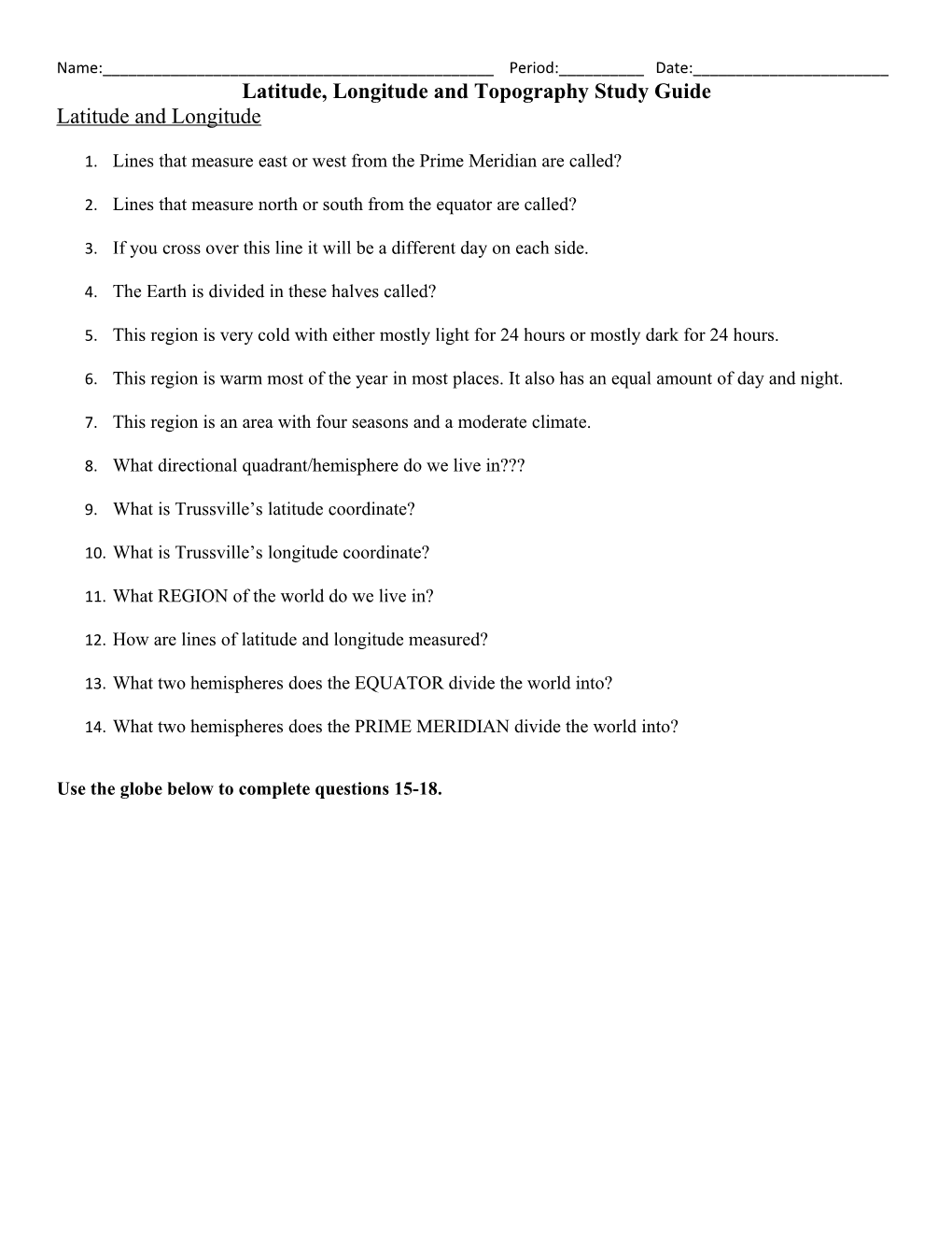 Latitude, Longitude and Topography Study Guide