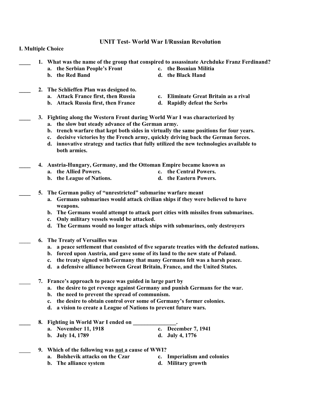 UNIT Test- World War I/Russian Revolution