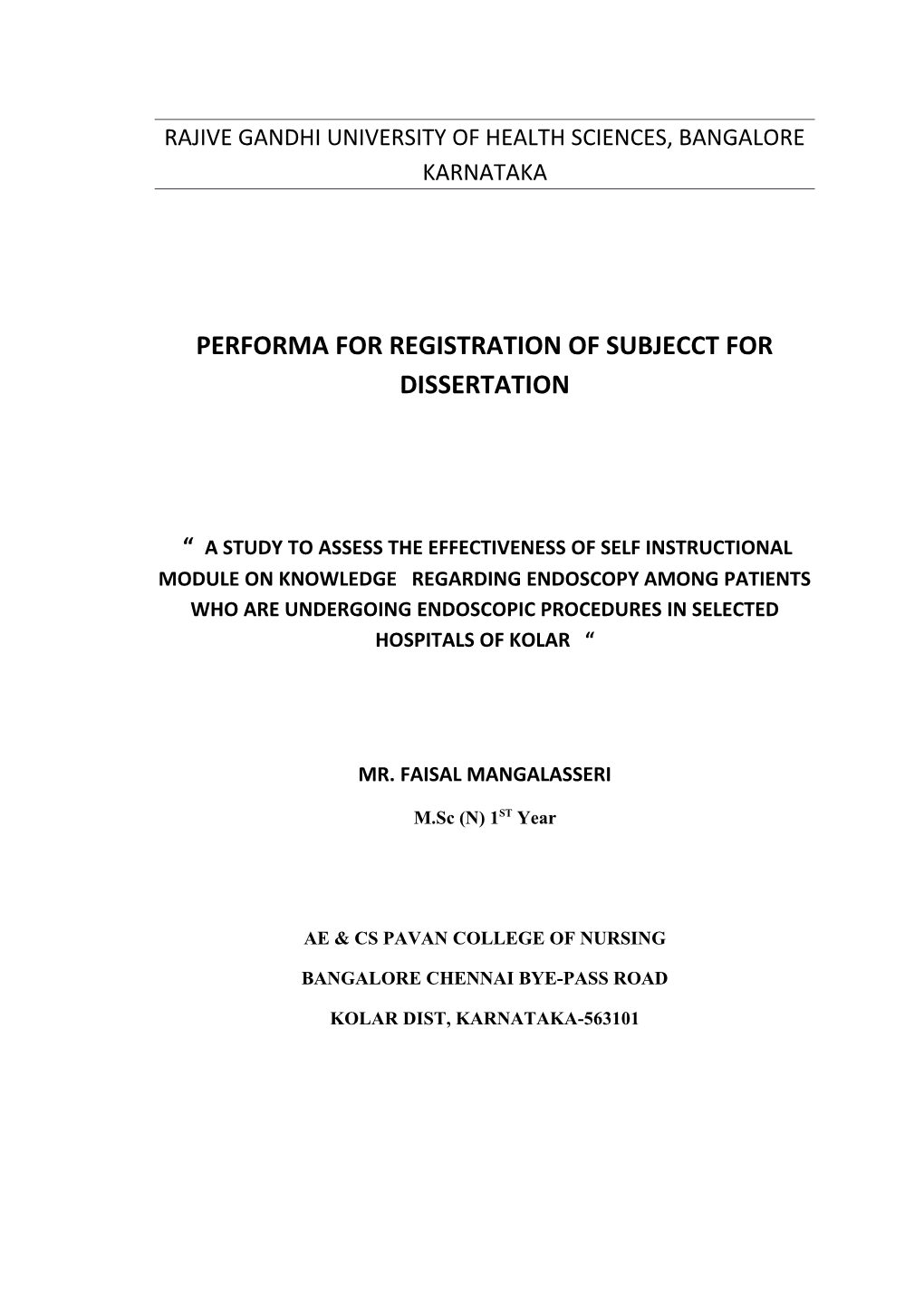 Performa for Registration of Subjecct for Dissertation