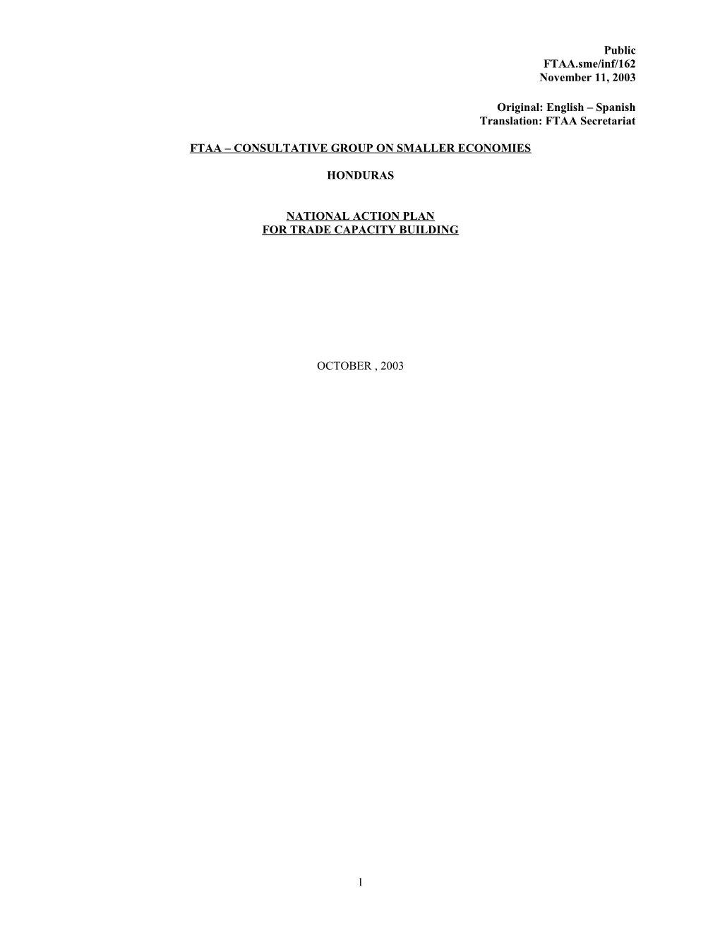 FTAA.Sme/Inf/162 November 11, 2003 Honduras / National Action Plan for Trade Capacity Building