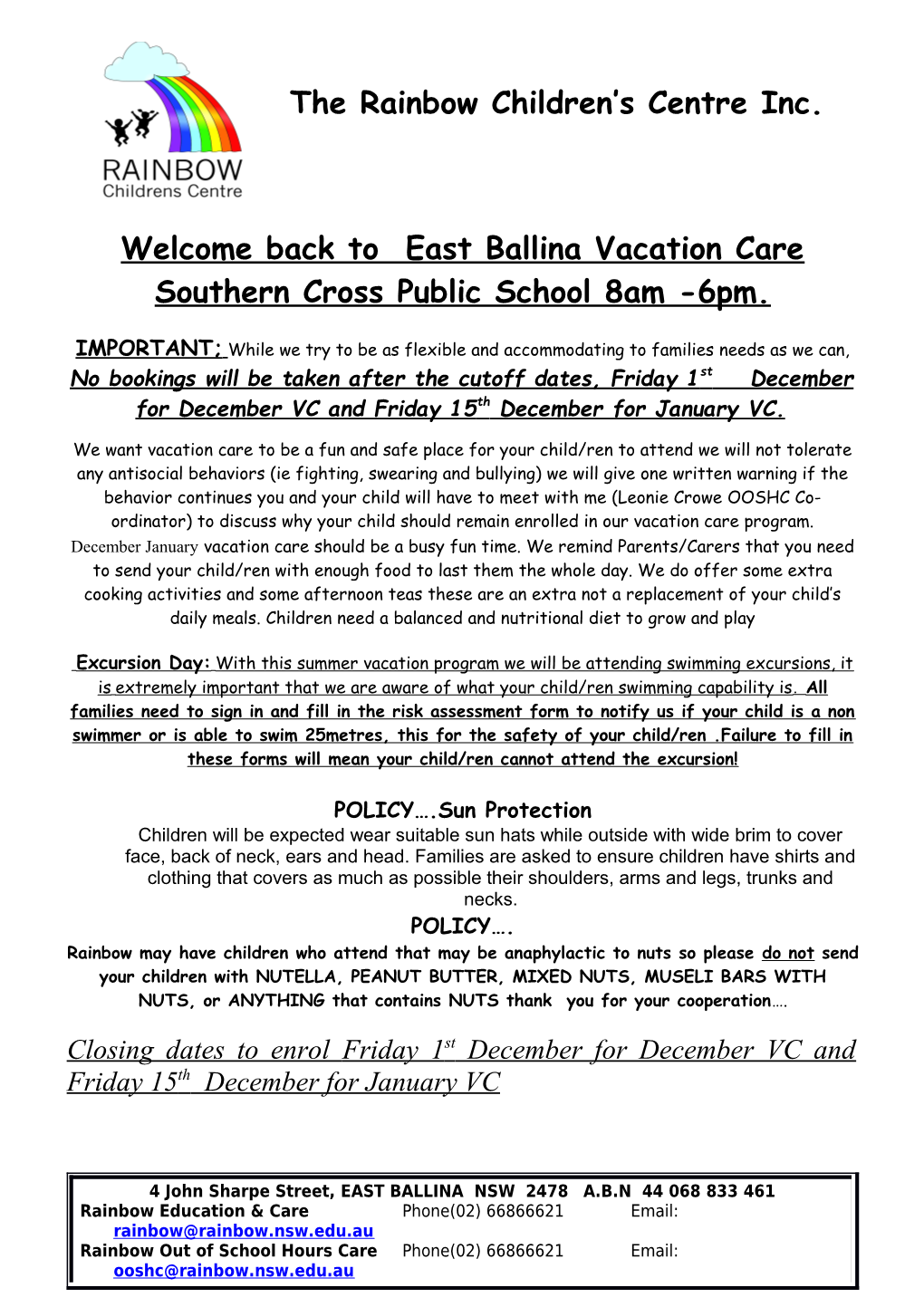 Welcome Back to Eastballina Vacation Care