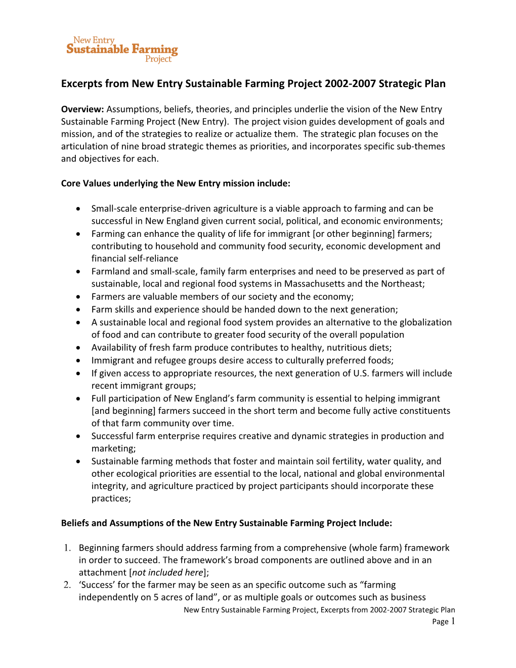 Excerpts from New Entry Sustainable Farming Project 2002-2007 Strategic Plan