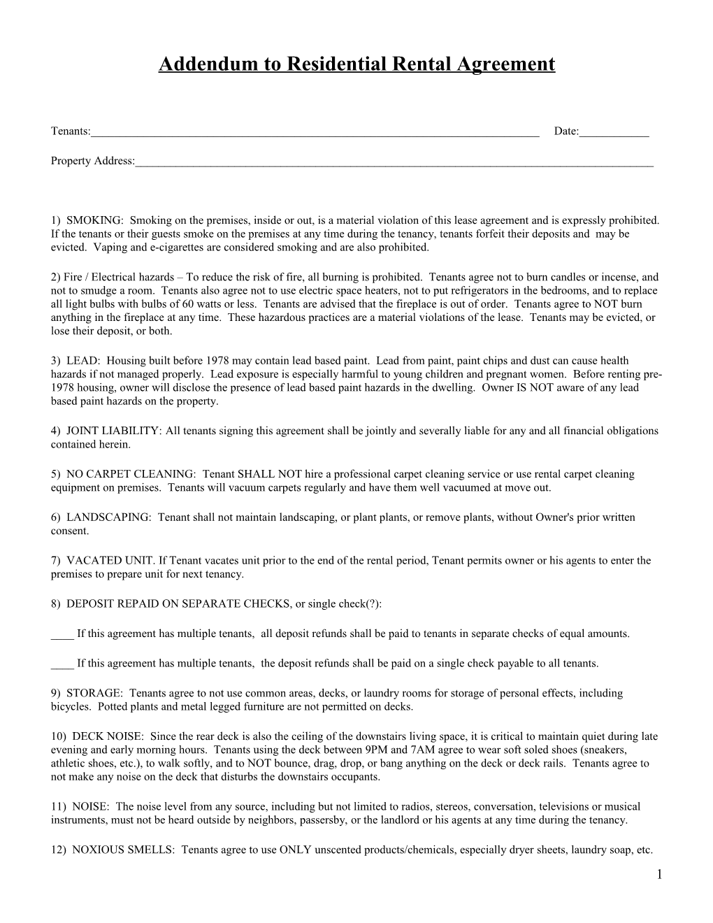 Addendum to Residential Rental Agreement