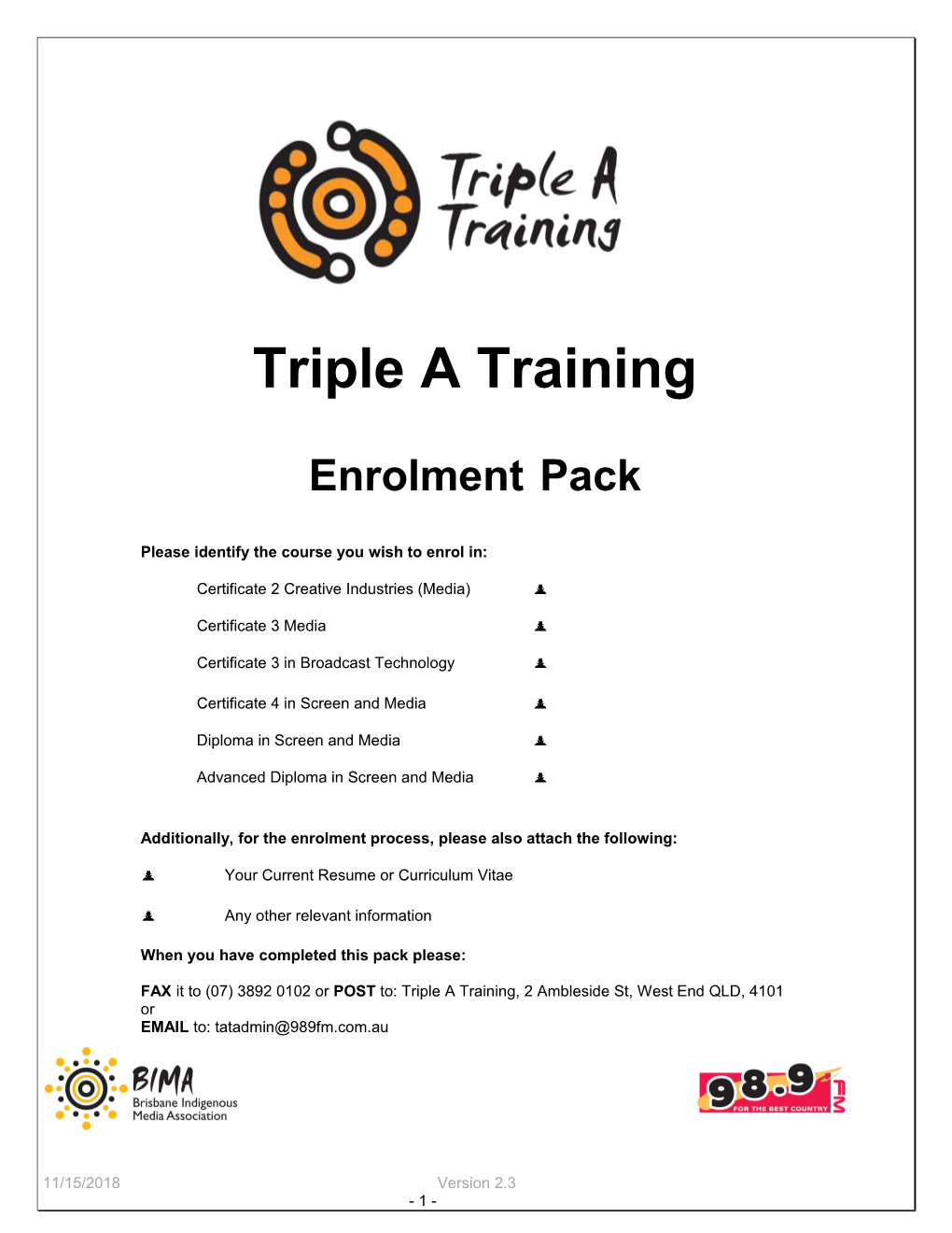 Triple a Training Enrolment Form