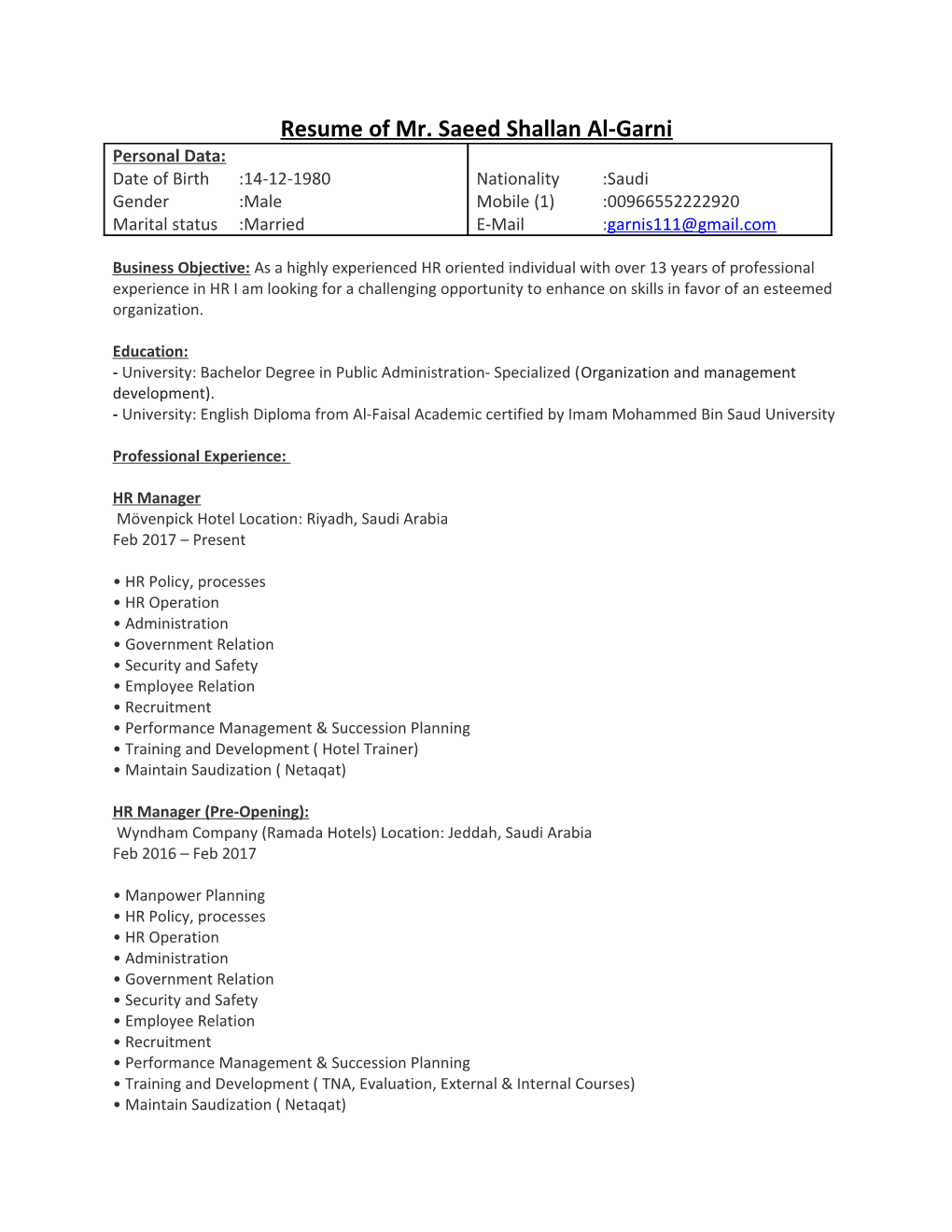 Resume of Mr. Saeed Shallan Al-Garni