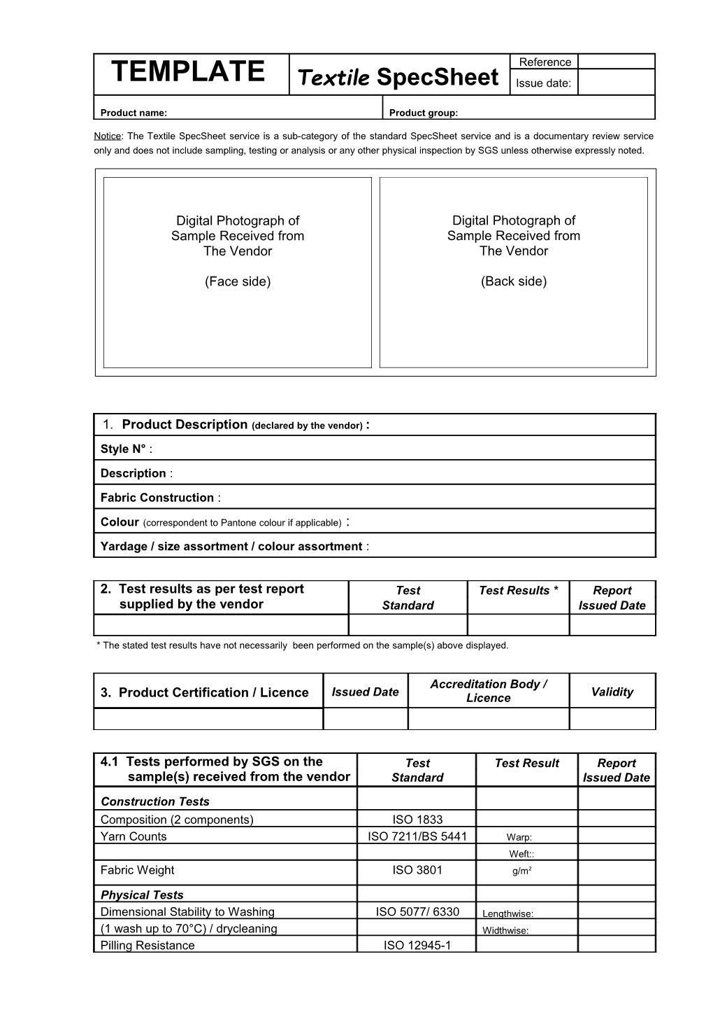 Notice: the Textile Specsheet Service Is a Sub-Category of the Standard Specsheet Service