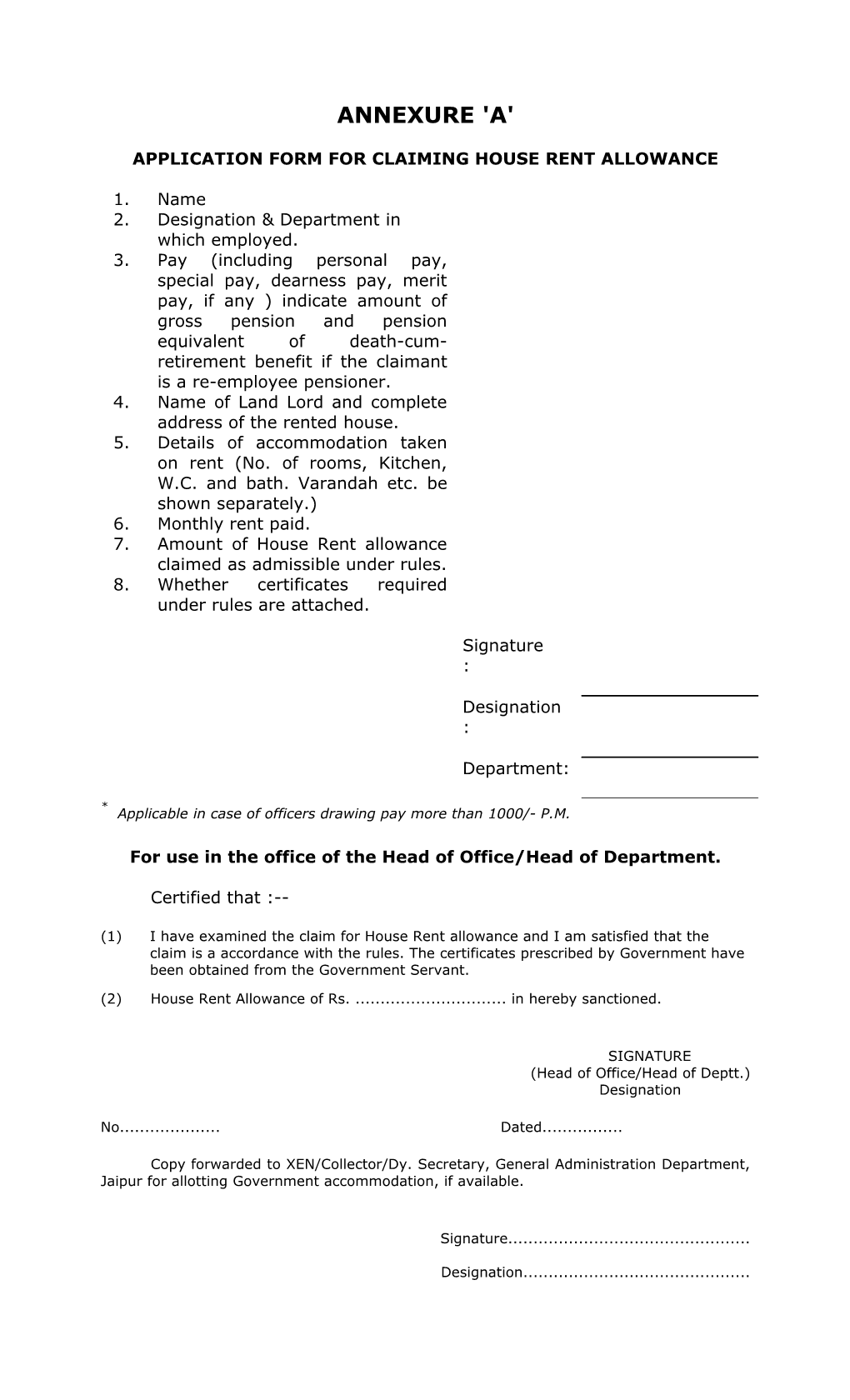 Application Form for Claiming House Rent Allowance