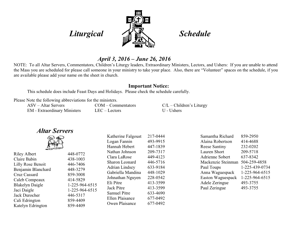 Liturgical Schedule