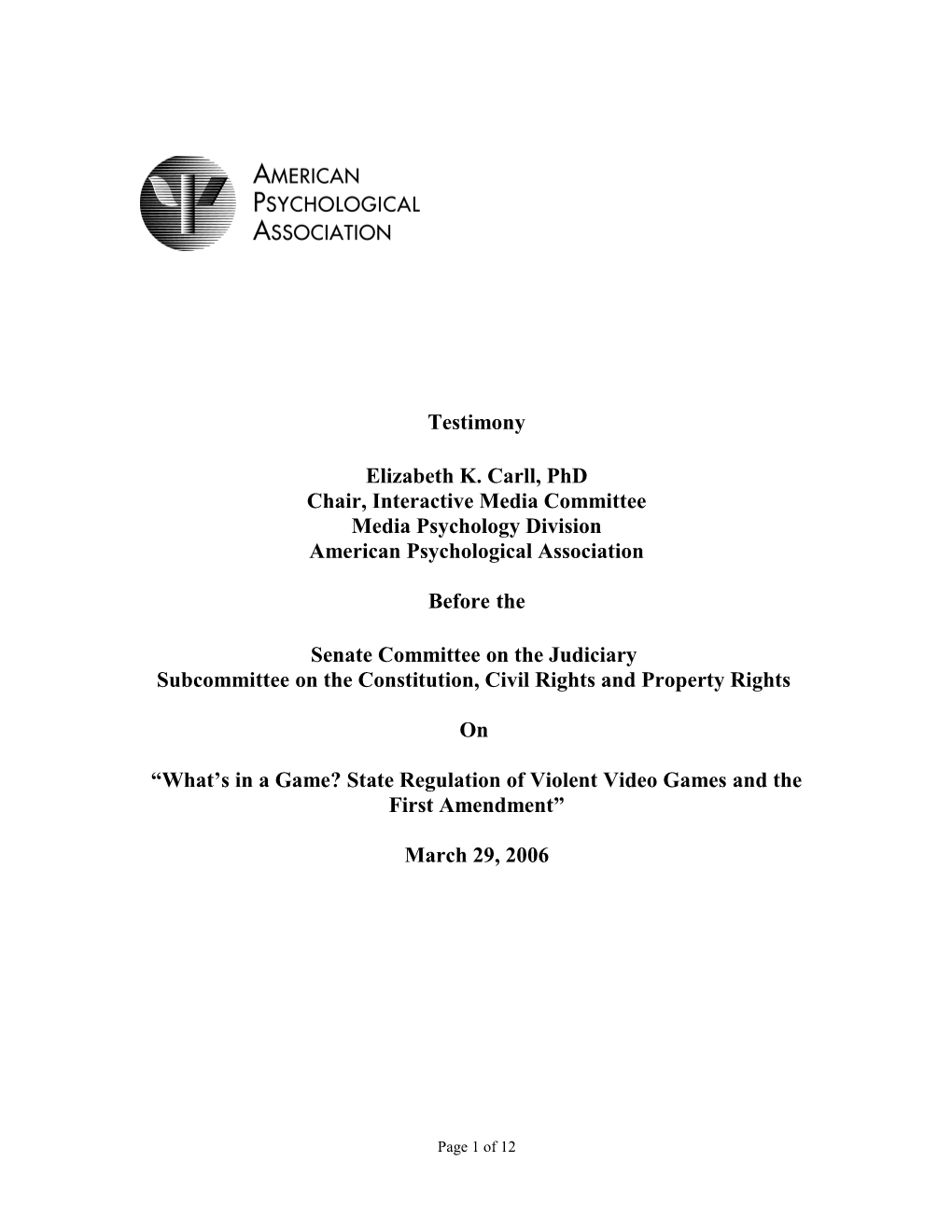 3/29/06 Senate Hearings Violence in Interactive Media