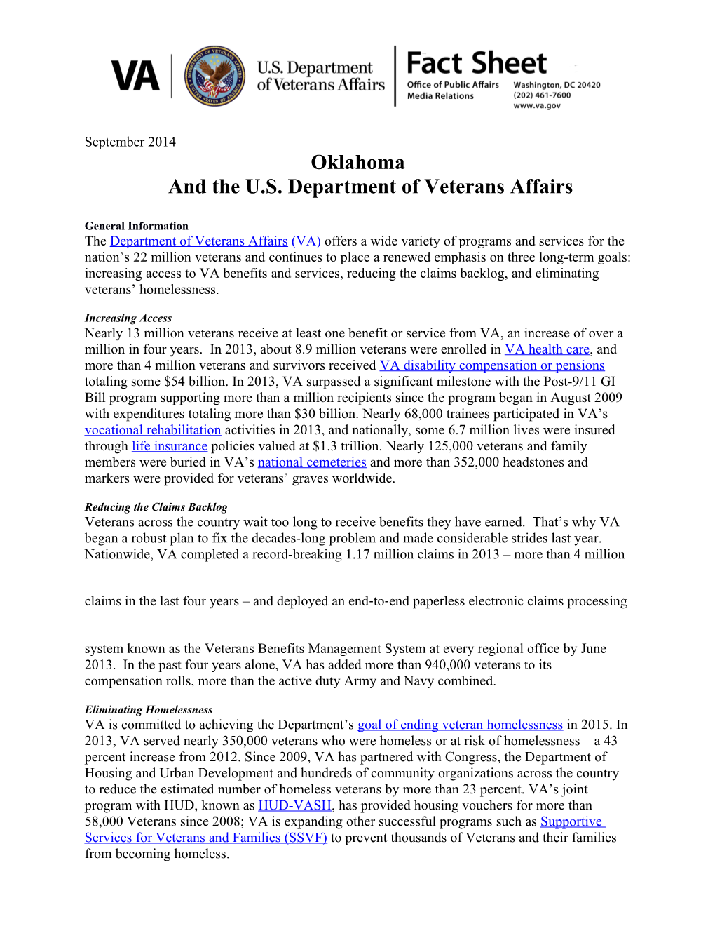 Oklahomaand the U.S. Department of Veterans Affairs