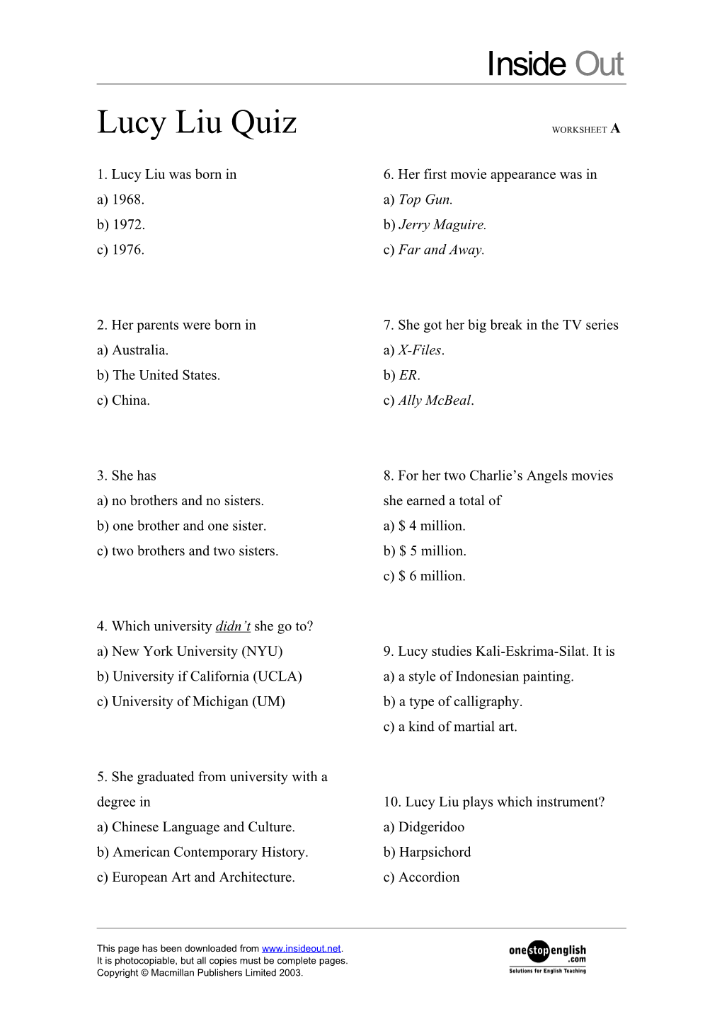 Lucy Liu Quiz Worksheet A