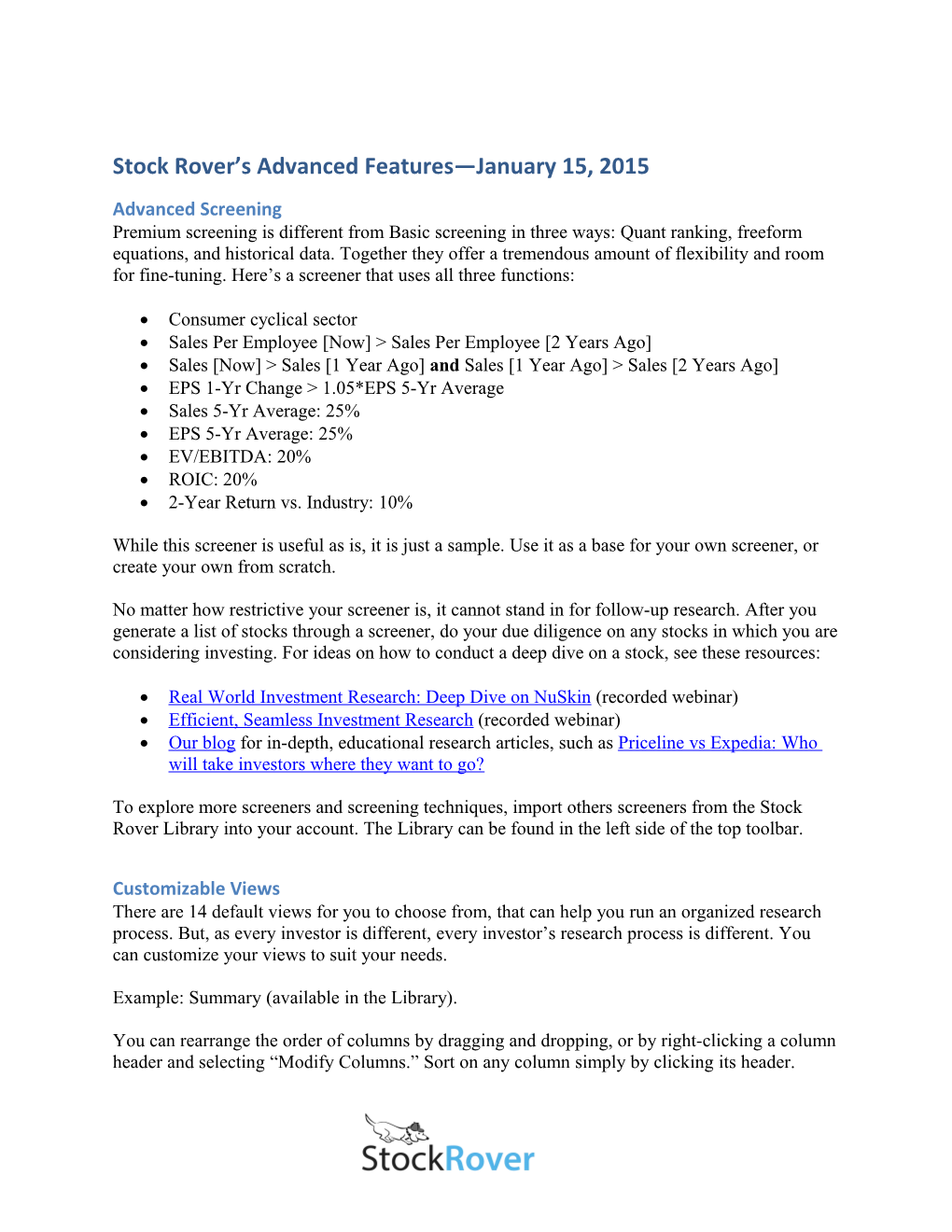 Stock Rover S Advanced Features January 15, 2015