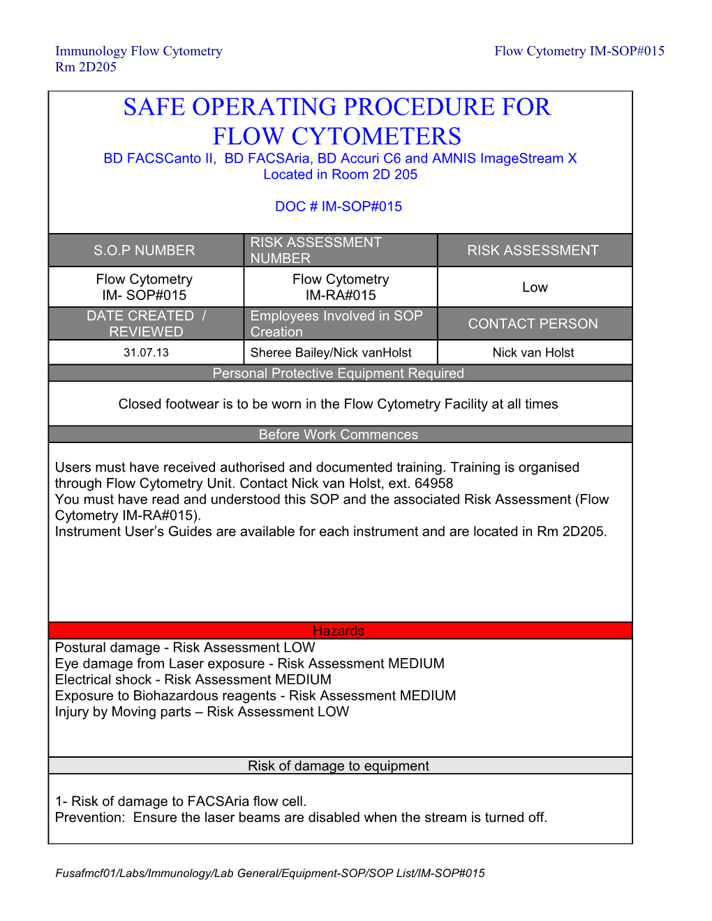 Immunology Flow Cytometry Flow Cytometry IM-SOP#015