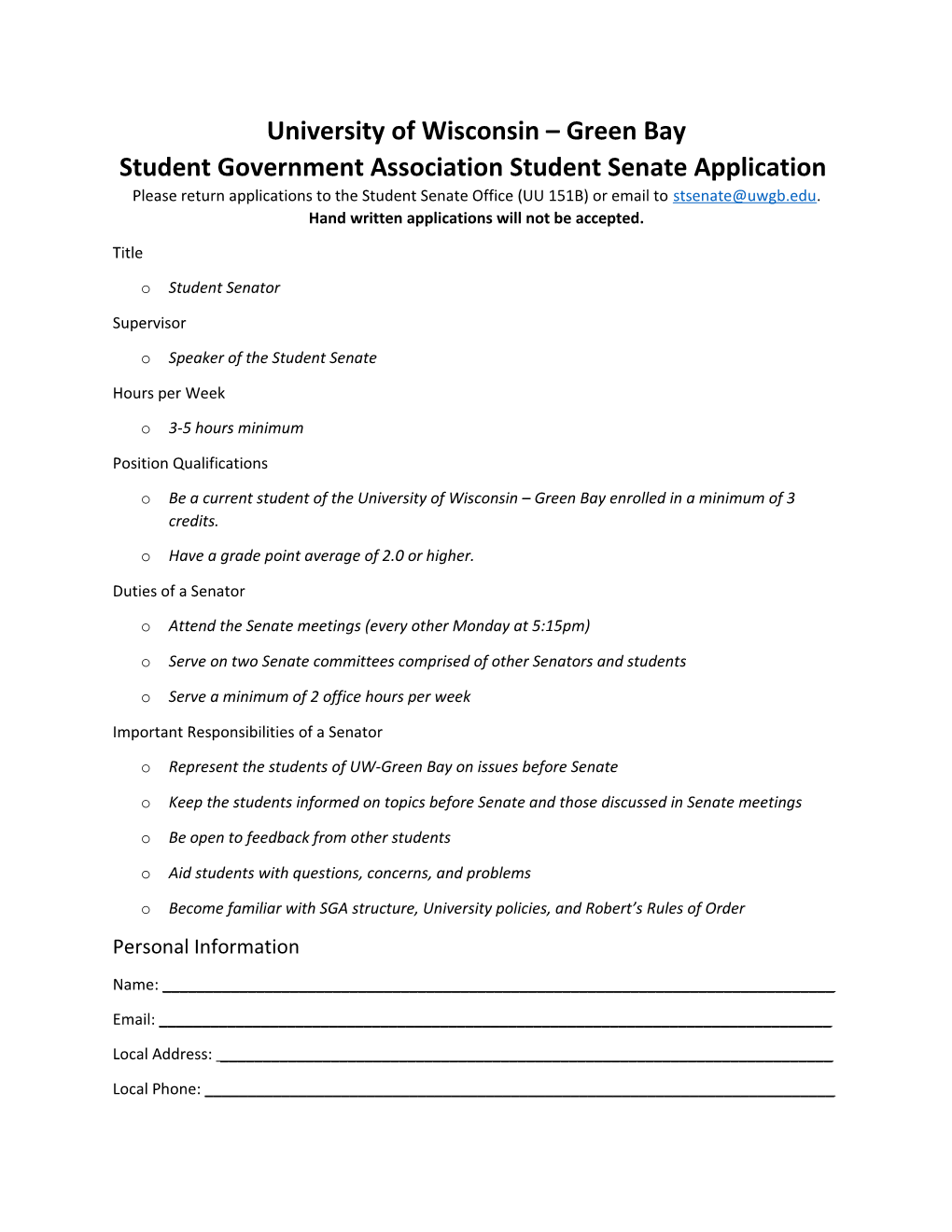 University of Wisconsin Green Bay Student Government Association Student Senate Application