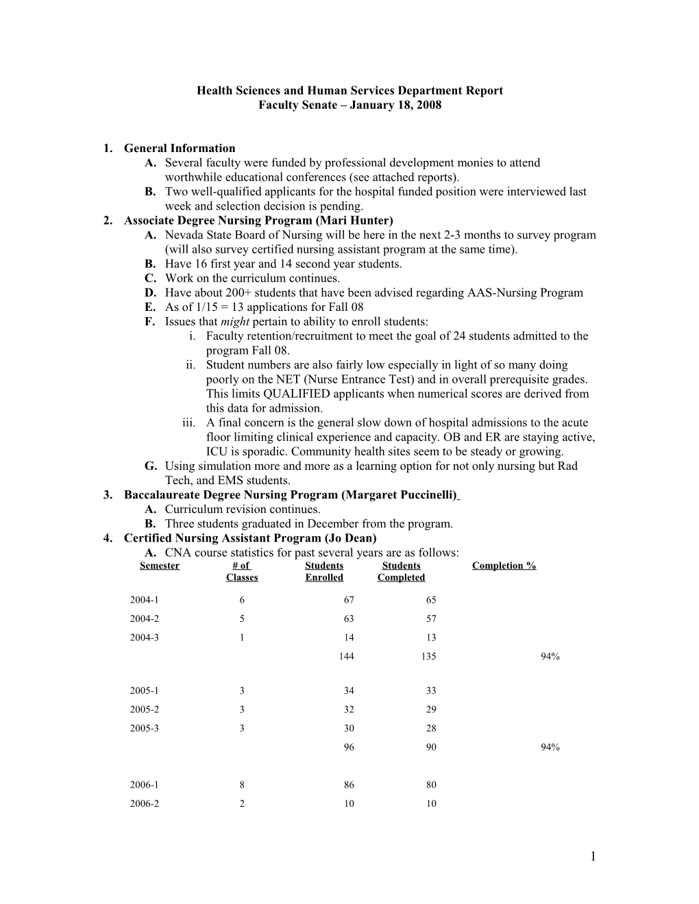 Health Sciences and Human Services Department Report