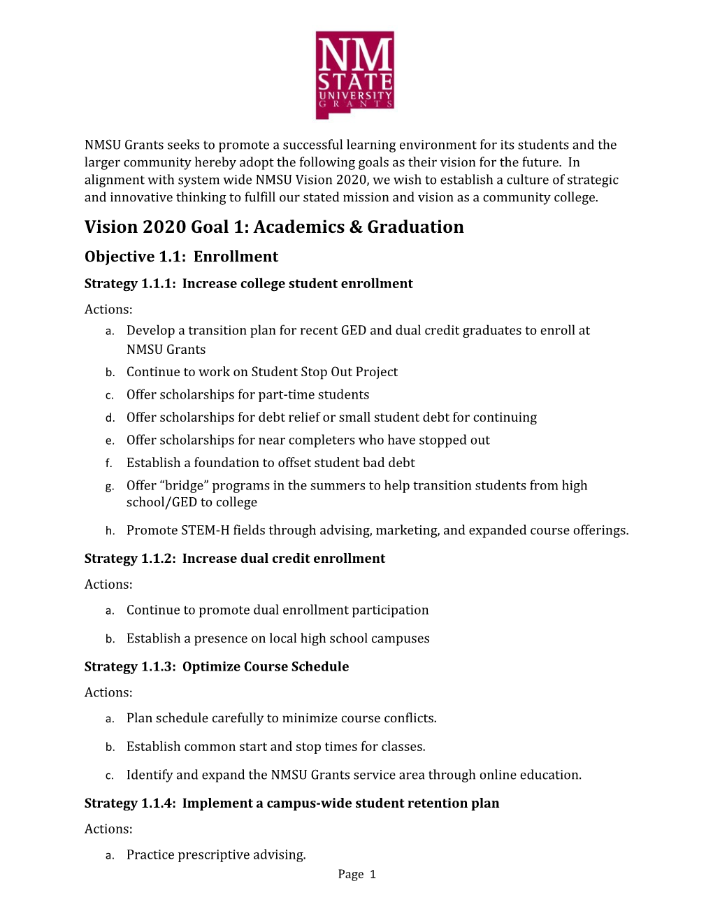 Vision 2020 Goal 1: Academics & Graduation