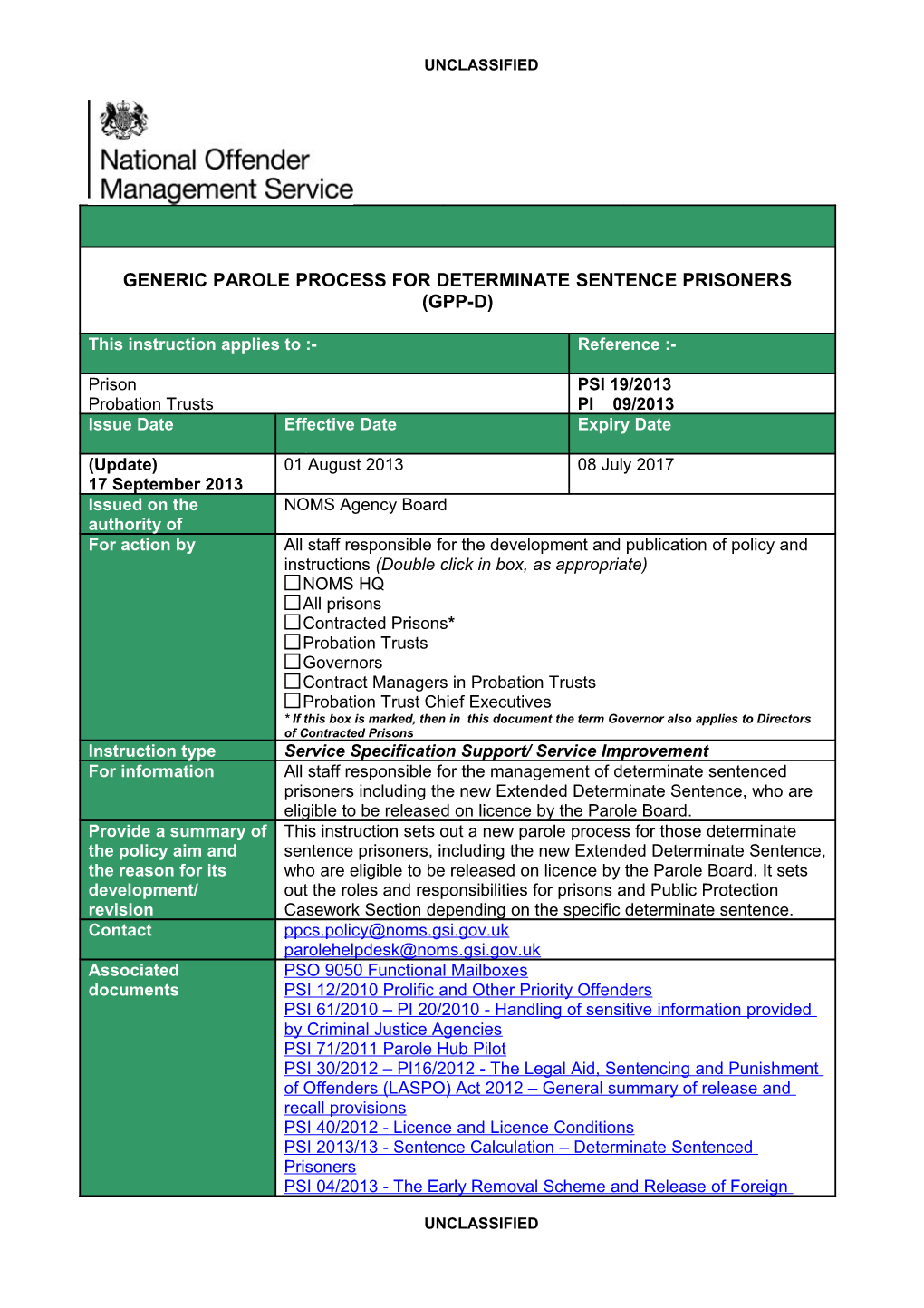 Generic Parole Process for Determinate Sentence Prisoners - (Gpp-D)