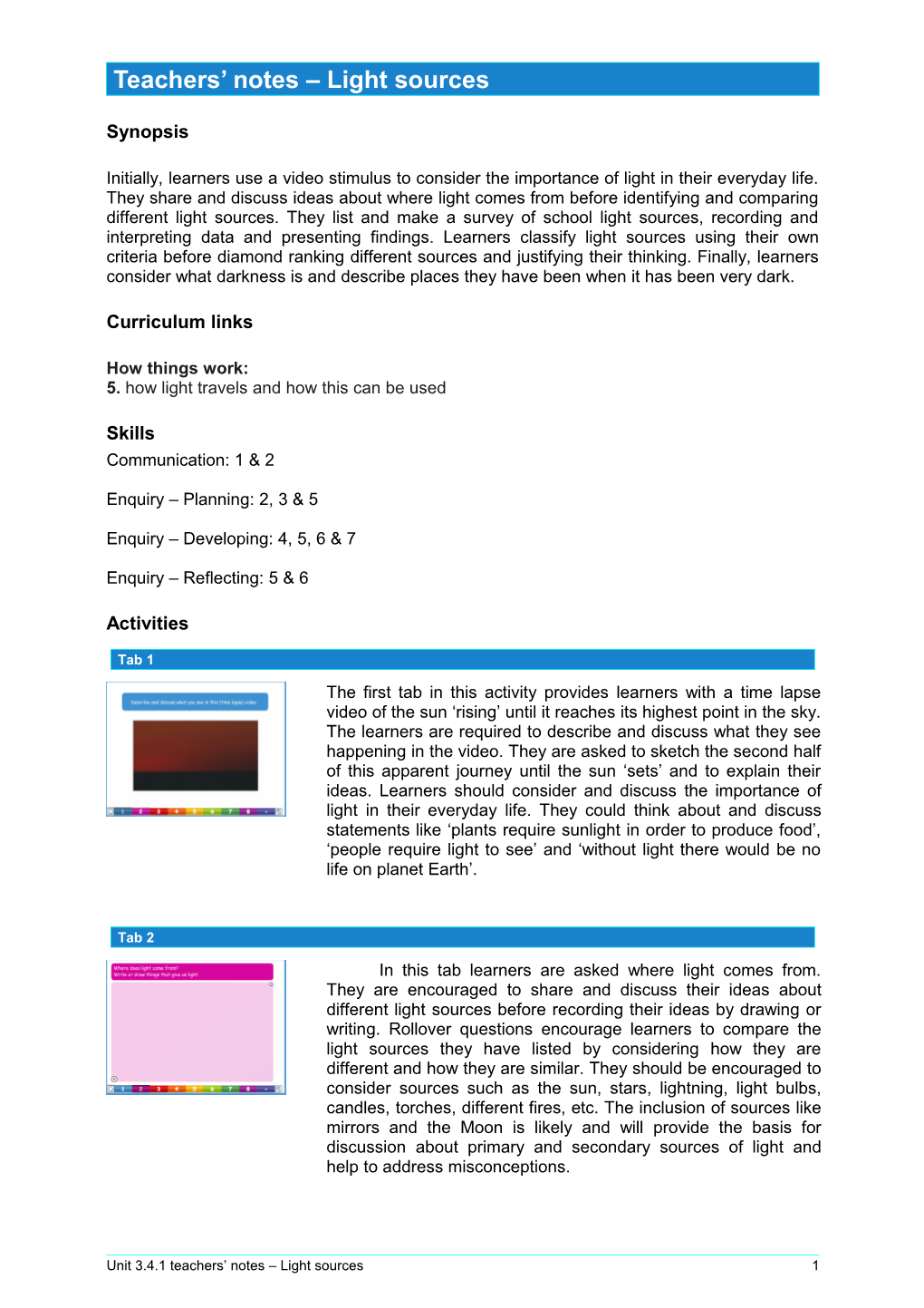 Teachers Notes Light Sources